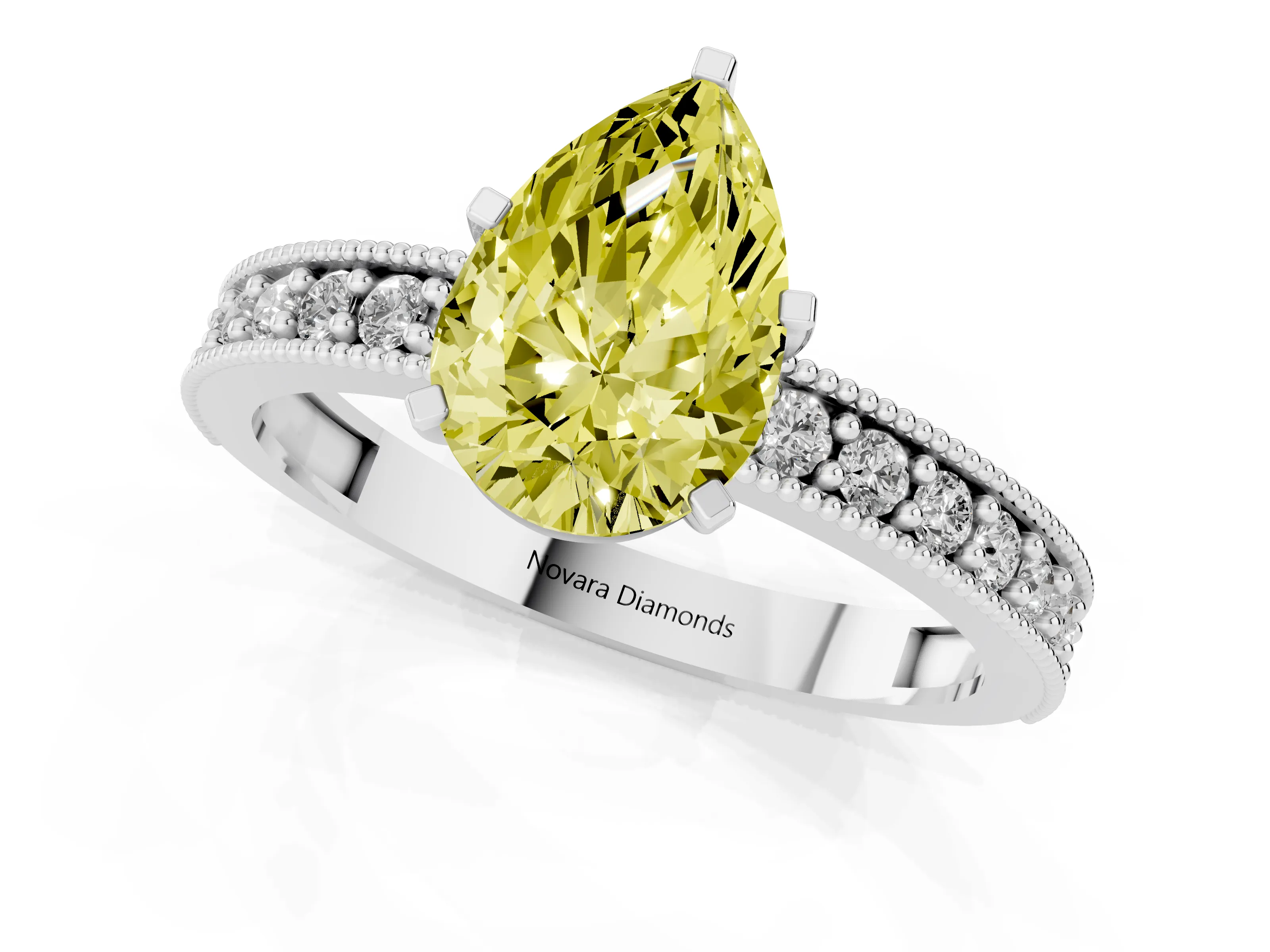 Fancy Yellow Pear Cut Diamond Milgrain Pavé Engagement Ring Set in Platinum with Prong Setting