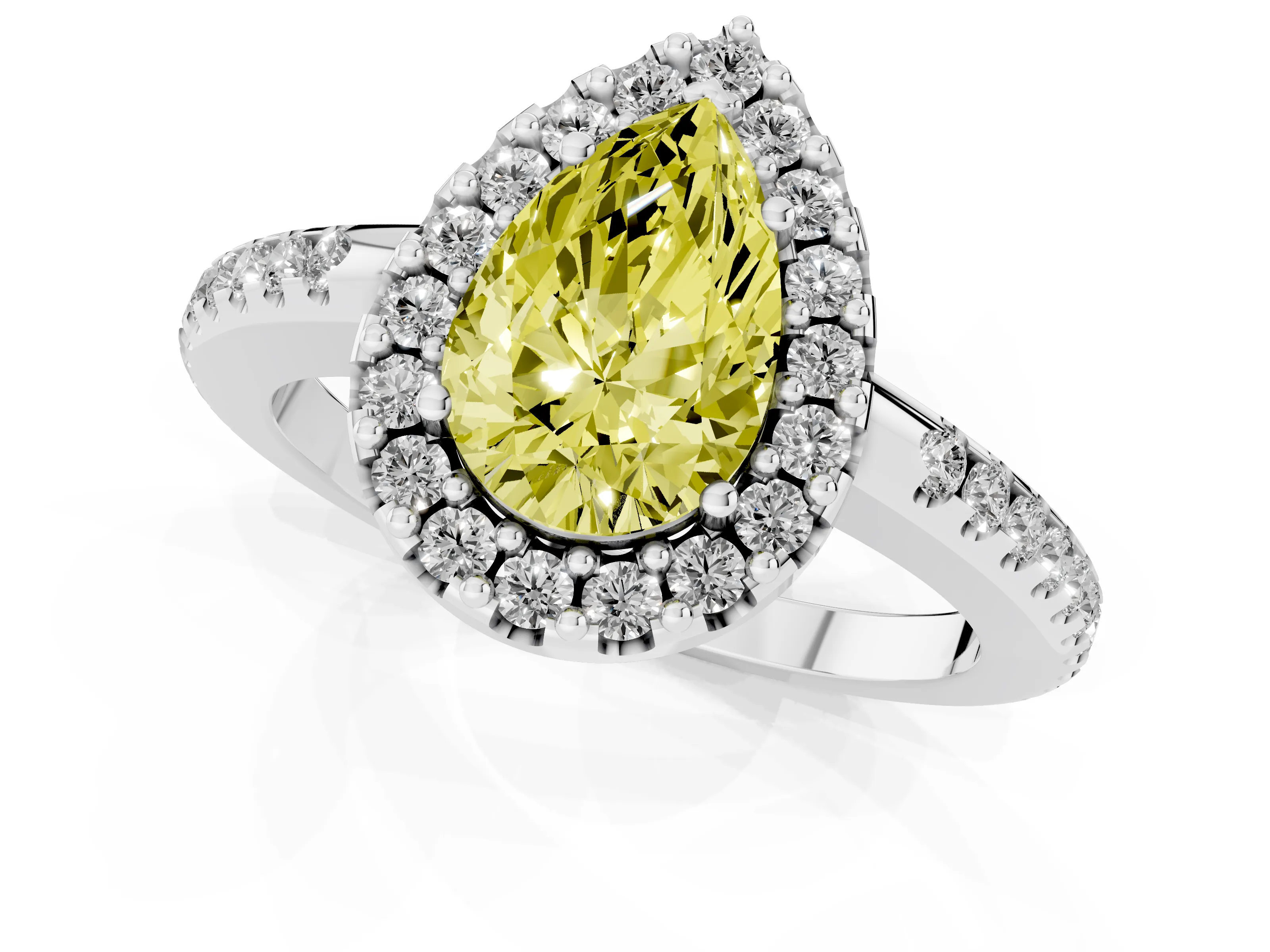 Fancy Yellow Pear Cut Diamond Pavé Halo Ring Set in Silver with Prong Setting