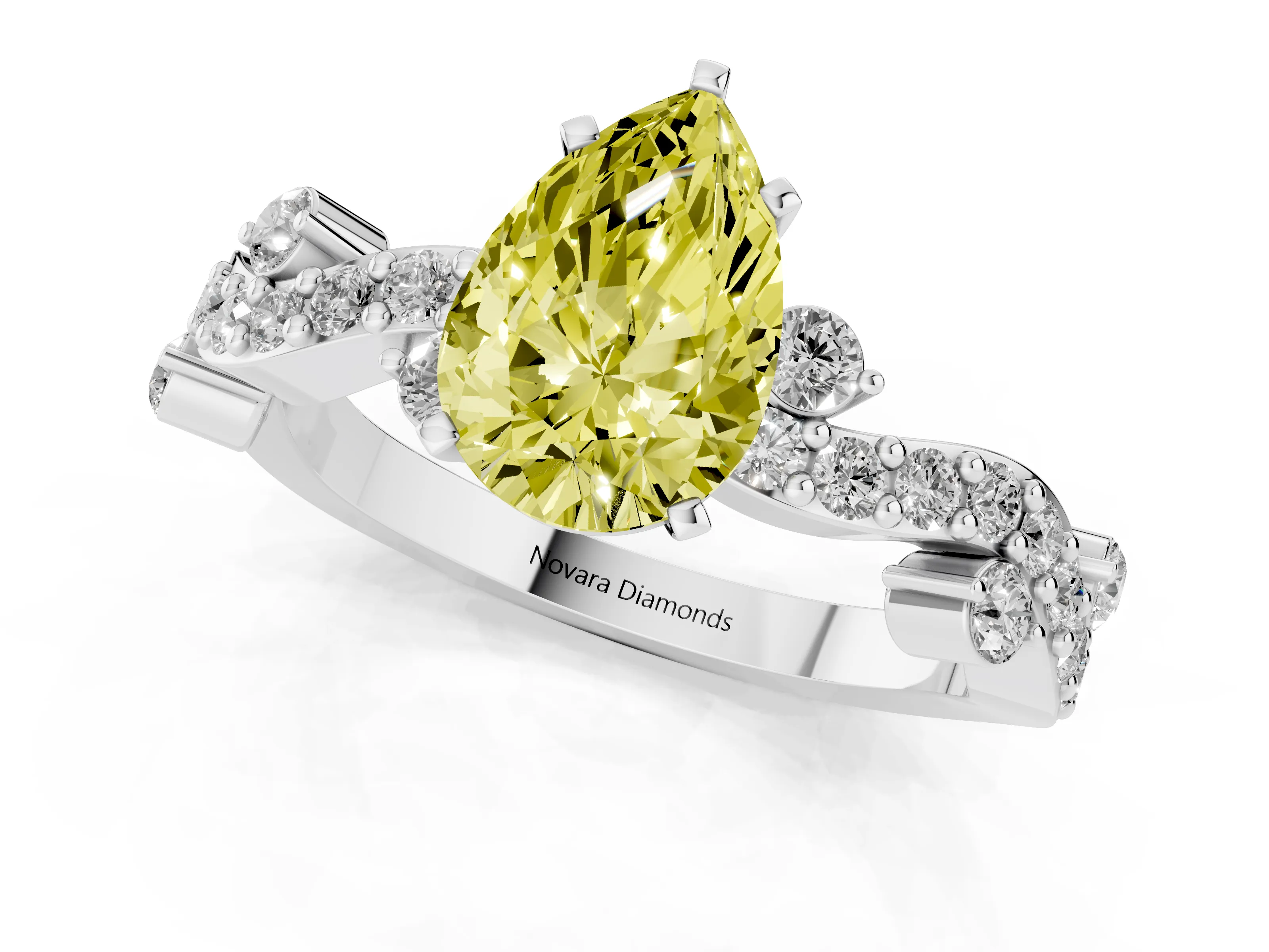 Fancy Yellow Pear Cut Diamond Solitaire Twisted Band Set in White gold with Pavé Setting