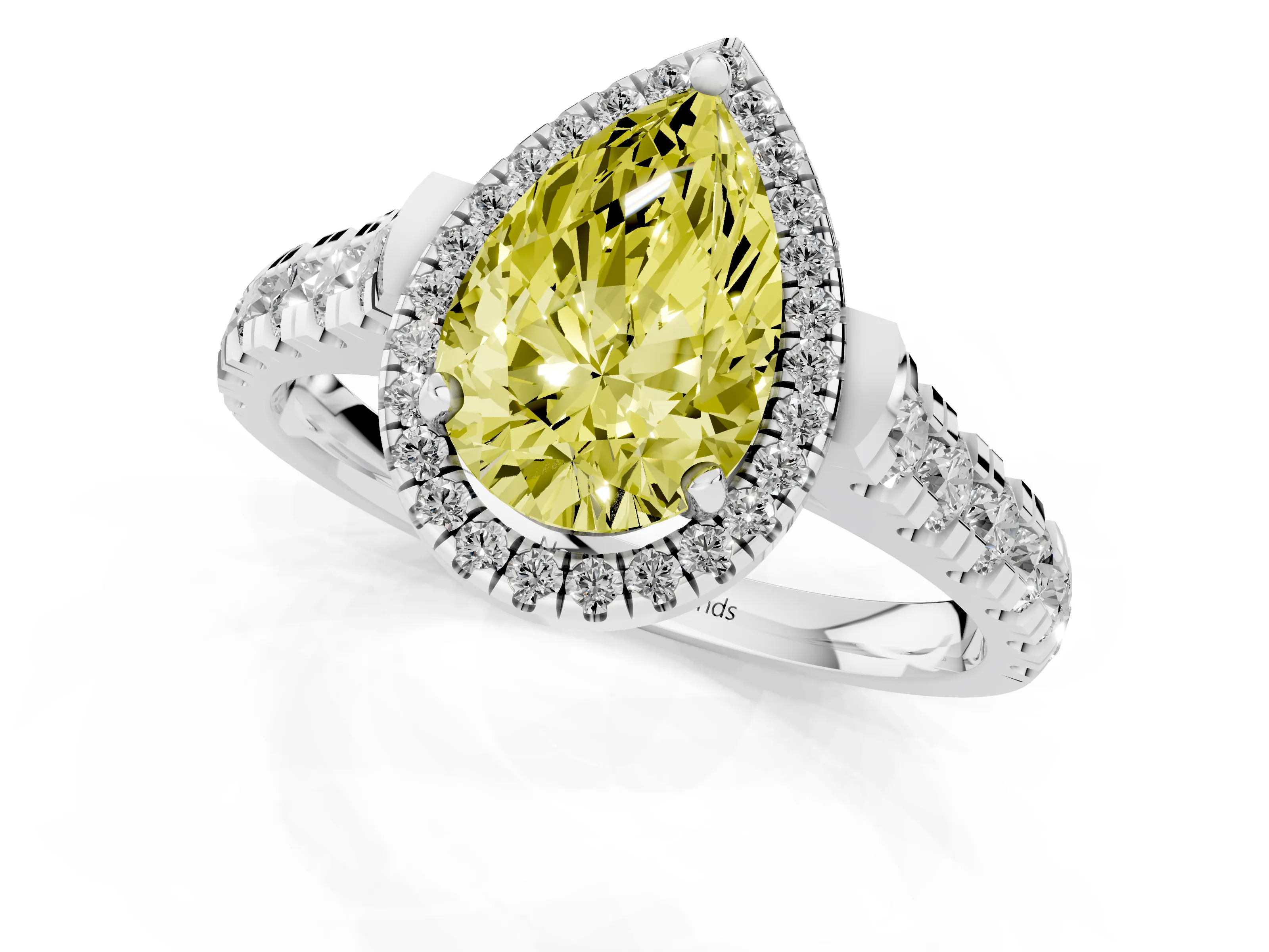 Fancy Yellow Pear Cut Diamond Halo Engagement Ring Set in Platinum with Pavé Band and Prong-Set Center