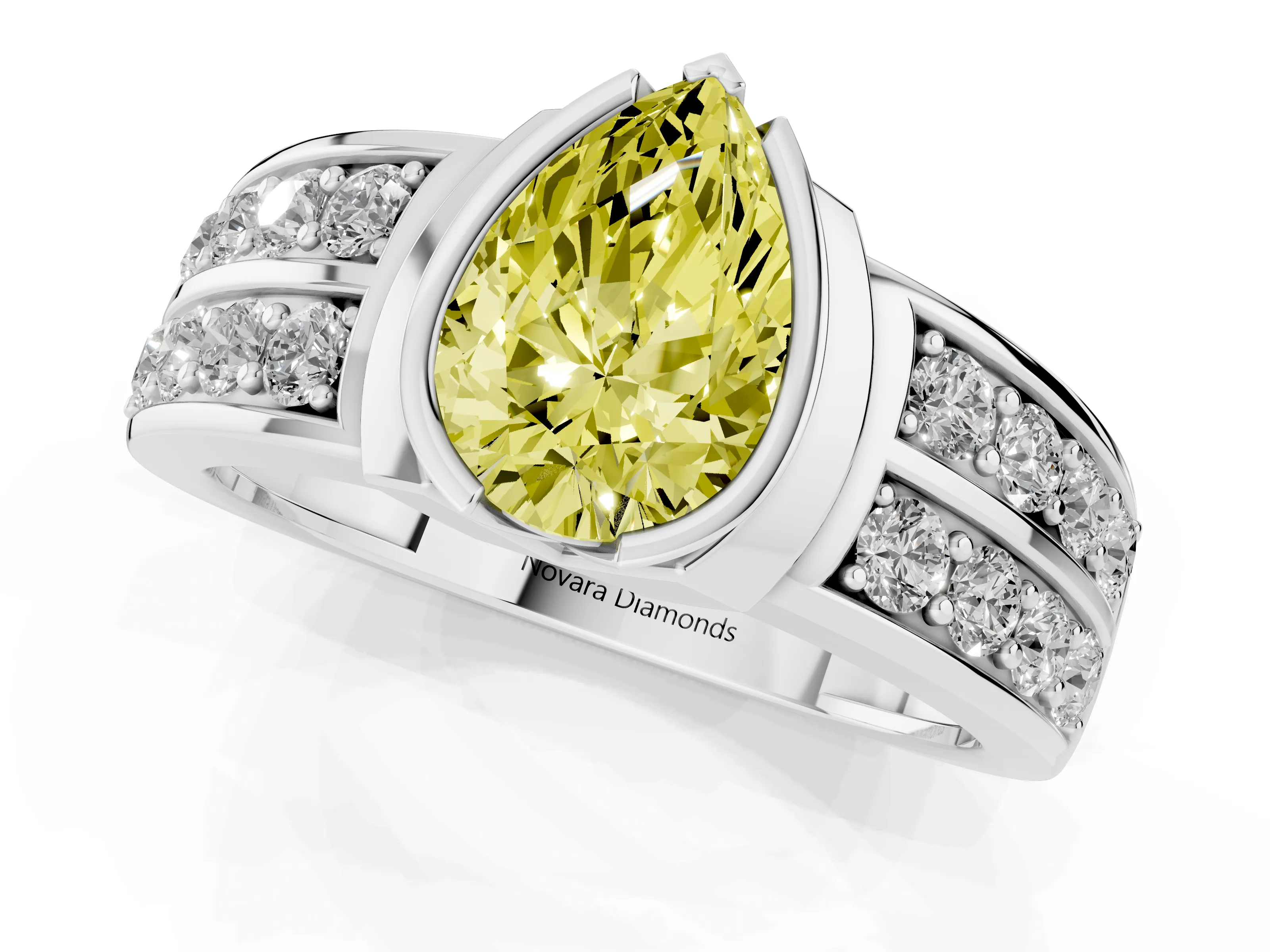 Fancy Yellow Pear Cut Diamond Wide Channel Set Band Ring Set in Platinum with Bezel Setting