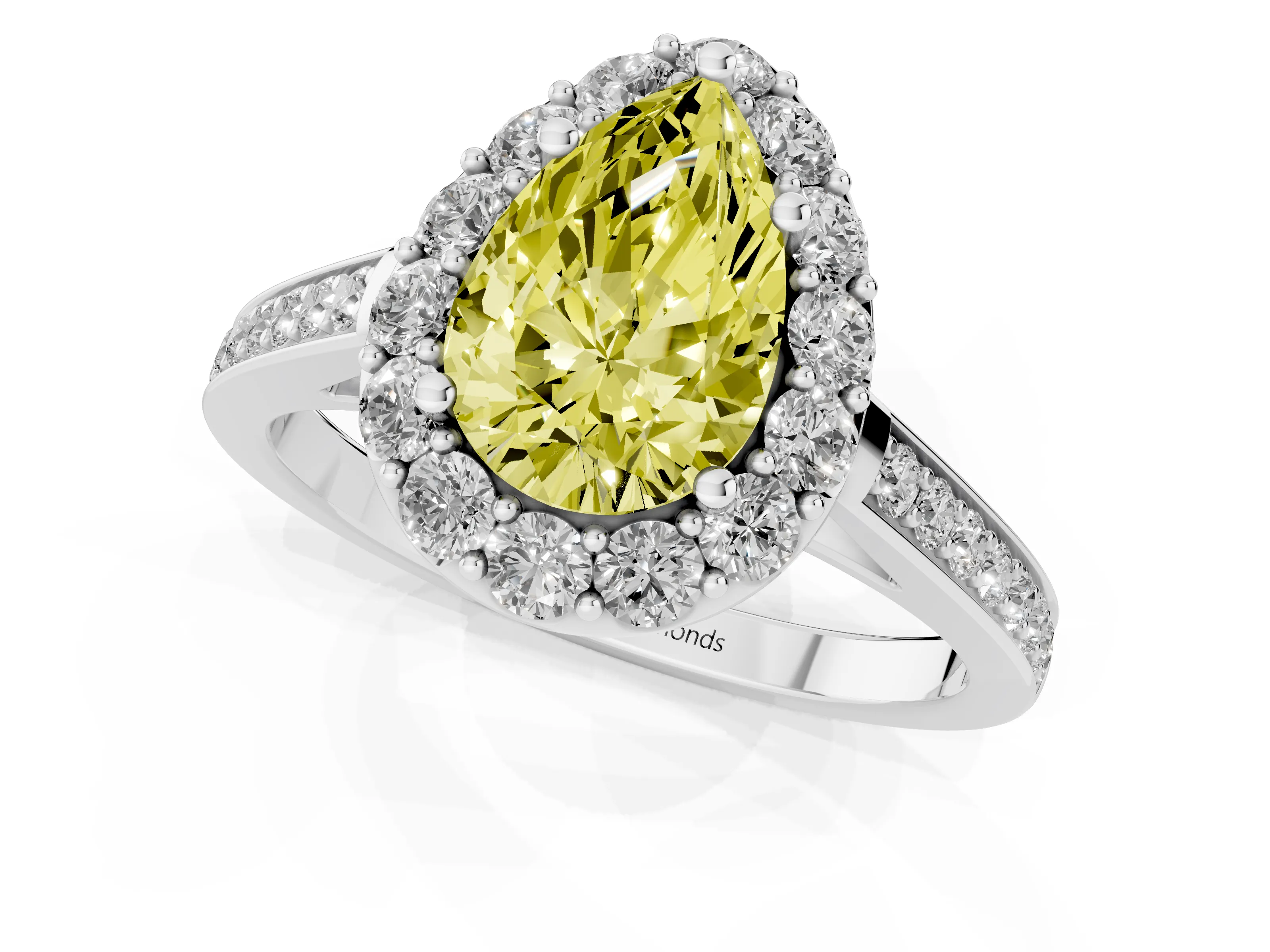 Fancy Yellow Pear Cut Diamond Floral Halo Ring Set in Platinum with Pavé Band and Prong Setting