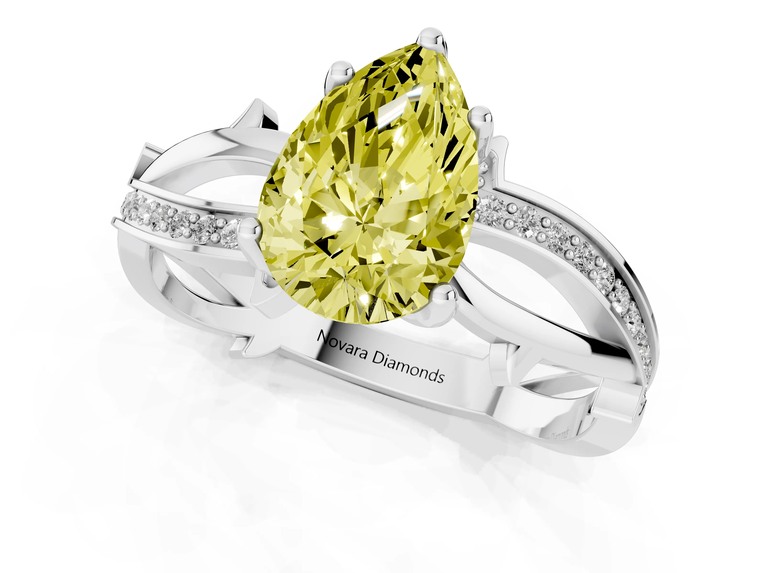 Fancy Yellow Pear Cut Diamond Pavé Twist Band Solitaire Ring Set in Silver with Prong Setting