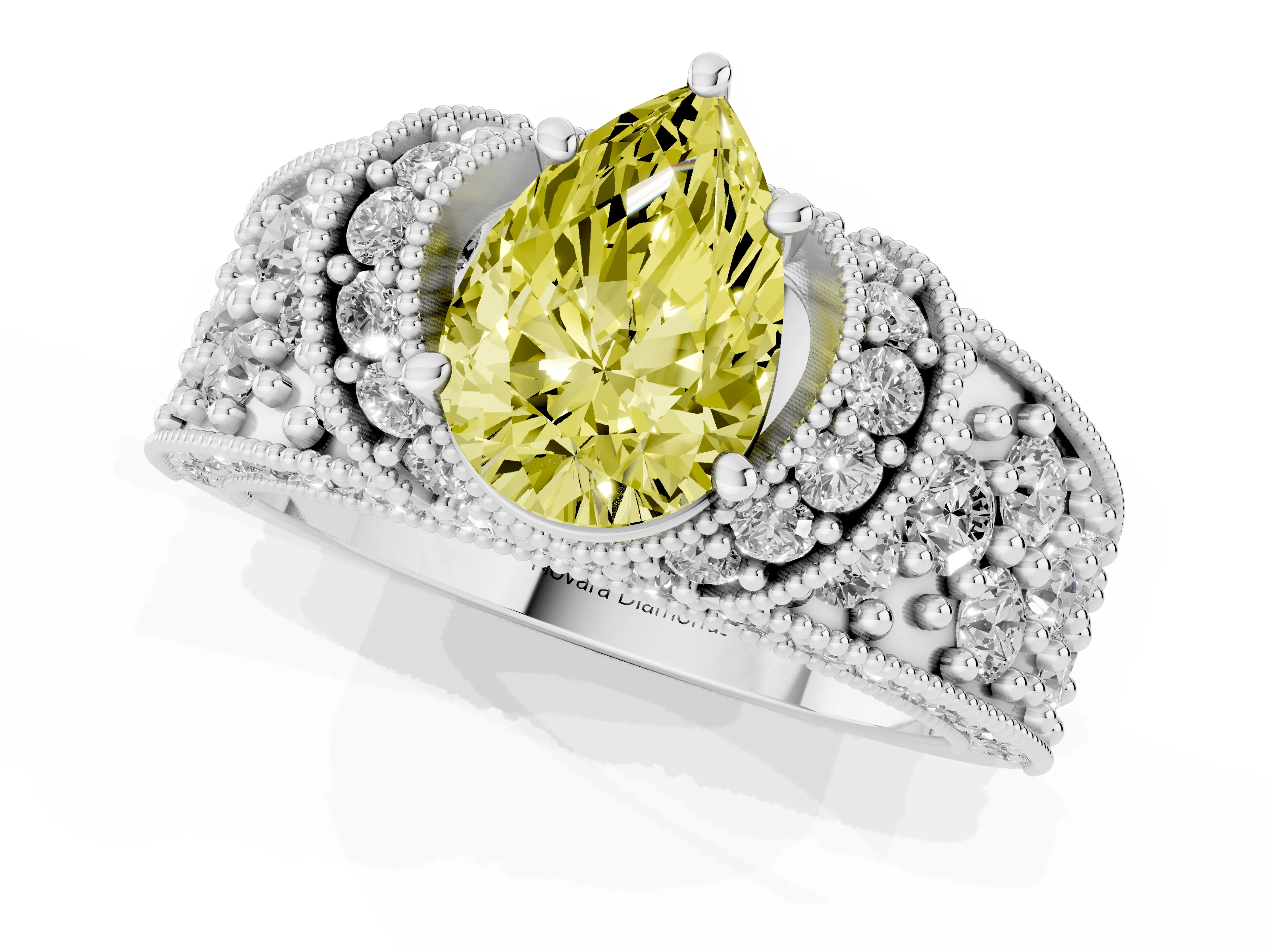 Fancy Yellow Pear Cut Diamond Milgrain Halo Pavé Engagement Ring Set in Platinum with Prong Setting