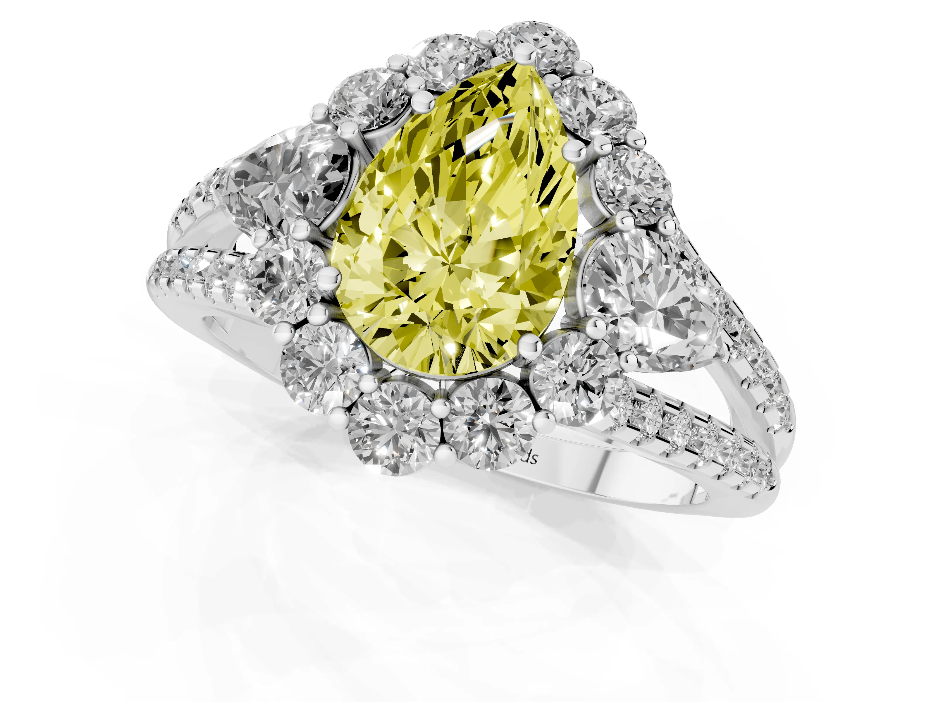 Fancy Yellow Pear Cut Diamond Halo Split Shank Engagement Ring Set in White gold with Prong-Held Center Stone