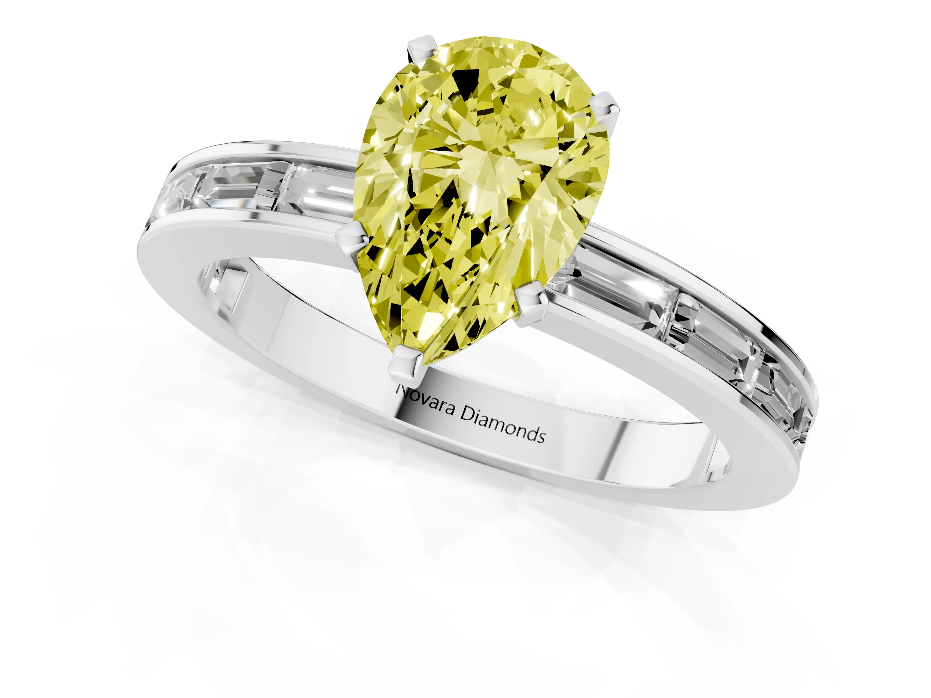 Fancy Yellow Pear Cut Diamond Solitaire Ring Set in Silver with Channel-Set Baguette Band and Prong Setting