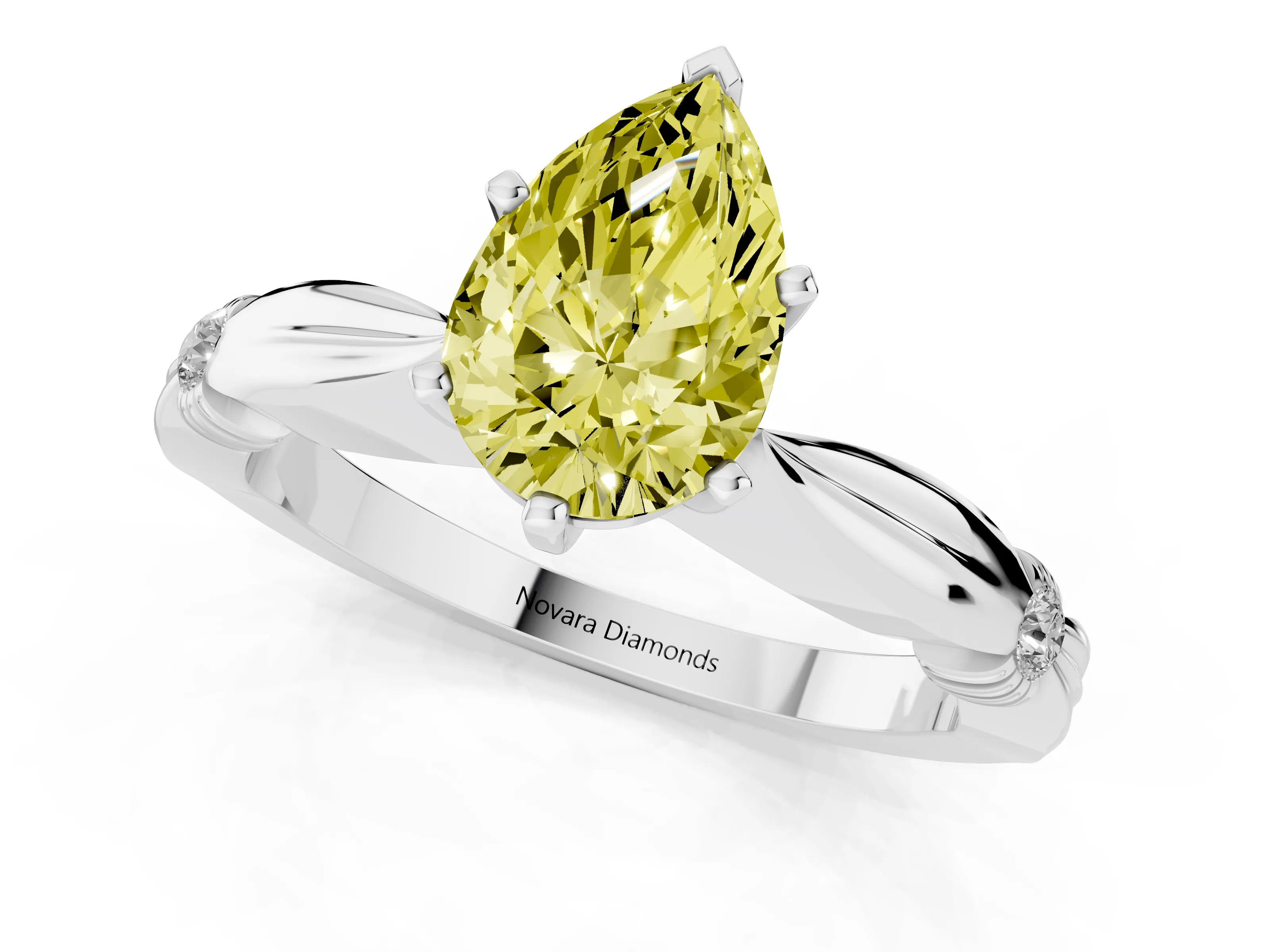 Fancy Yellow Pear Cut Diamond Solitaire Twisted Band Ring Set in Platinum with Accent Stones and Prong Setting – second view