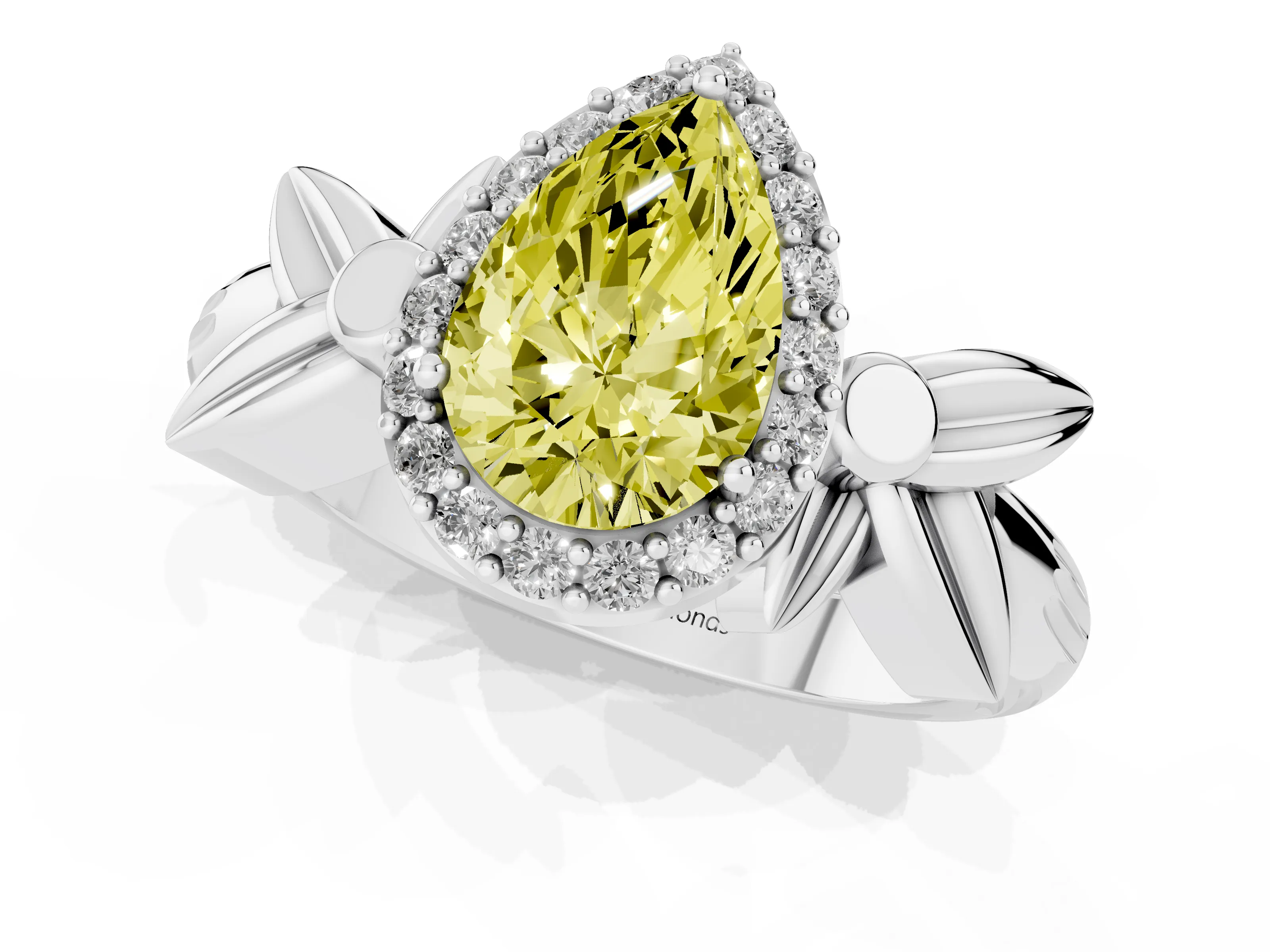 Fancy Yellow Pear Cut Diamond Halo Floral Band Ring Set in Platinum with Prong Setting