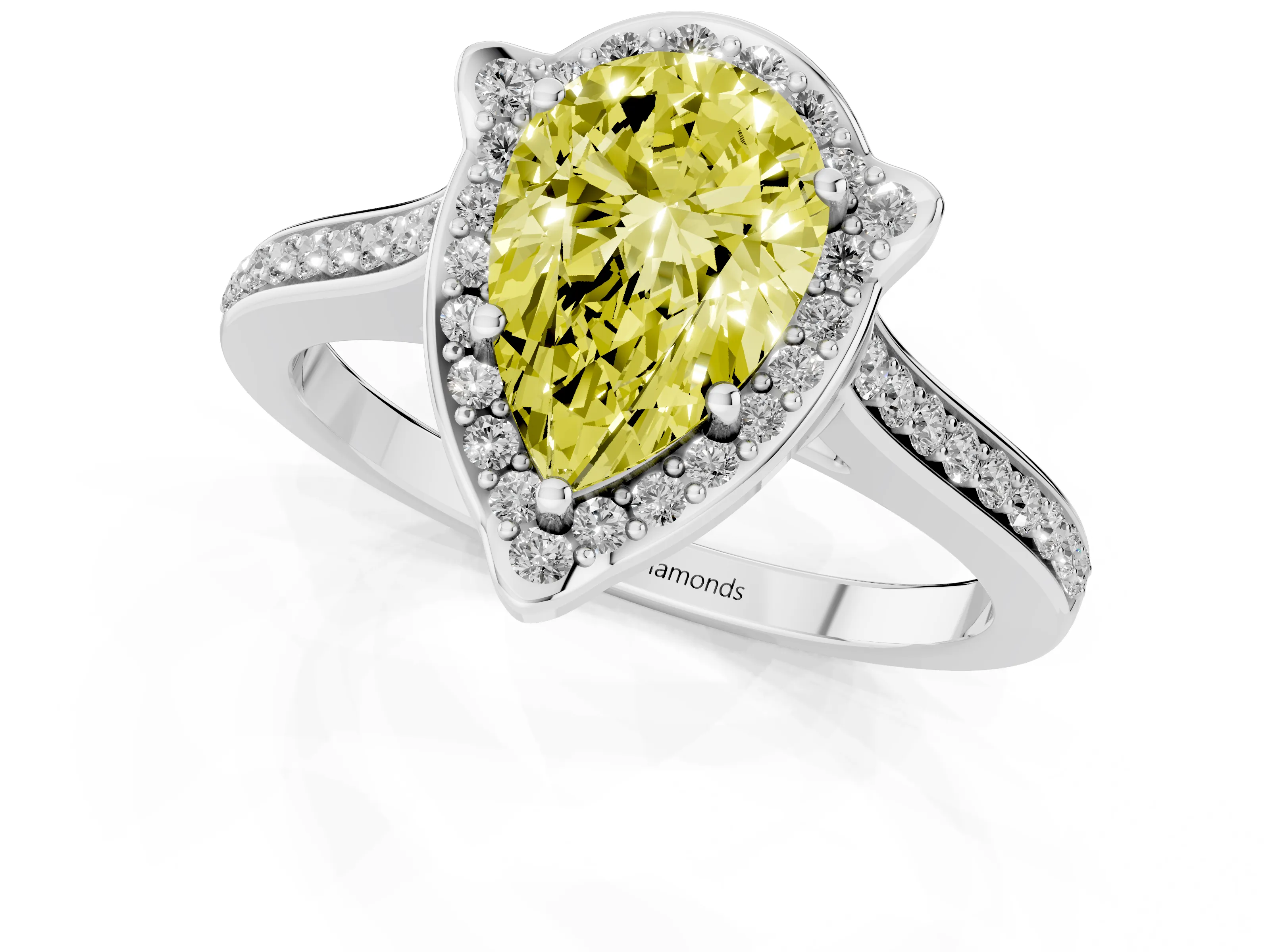 Fancy Yellow Pear Cut Diamond Halo Ring Set in White gold with Pavé-Lined Shoulders and Prong Setting