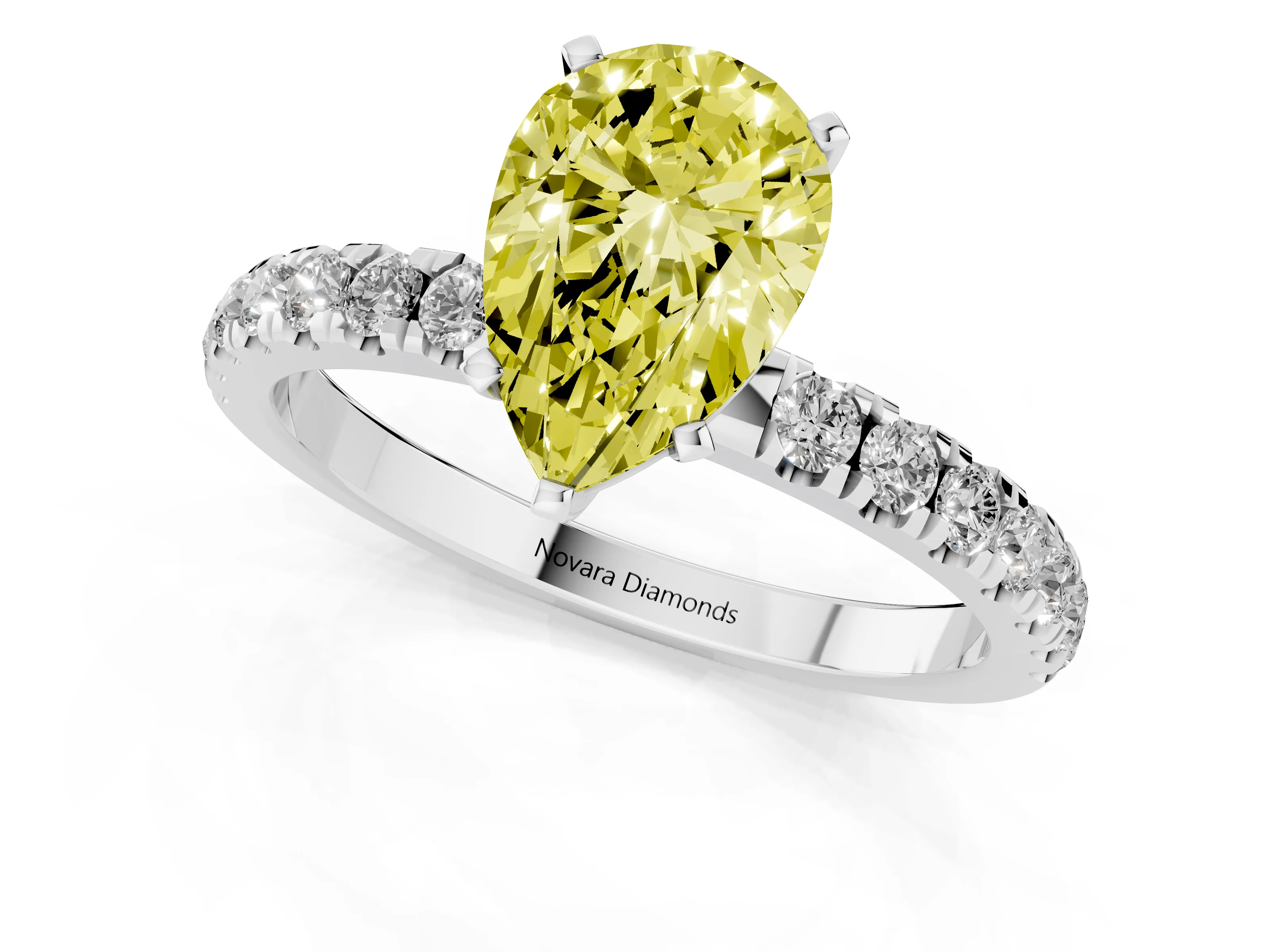 Fancy Yellow Pear Cut Diamond Solitaire Ring Set in Platinum with Pavé Accents and Prong Setting