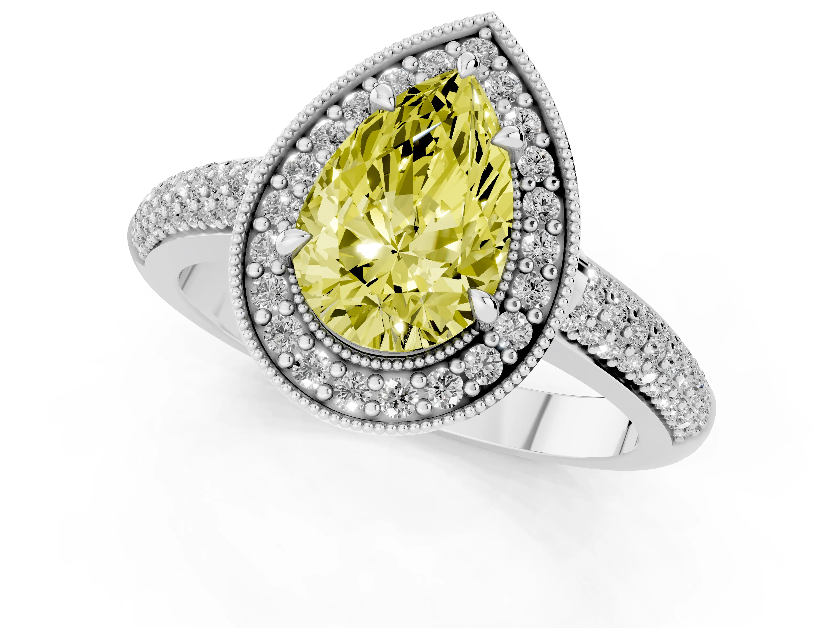 Fancy Yellow Pear Cut Diamond Halo Pavé Band Set in Platinum with Prong Setting