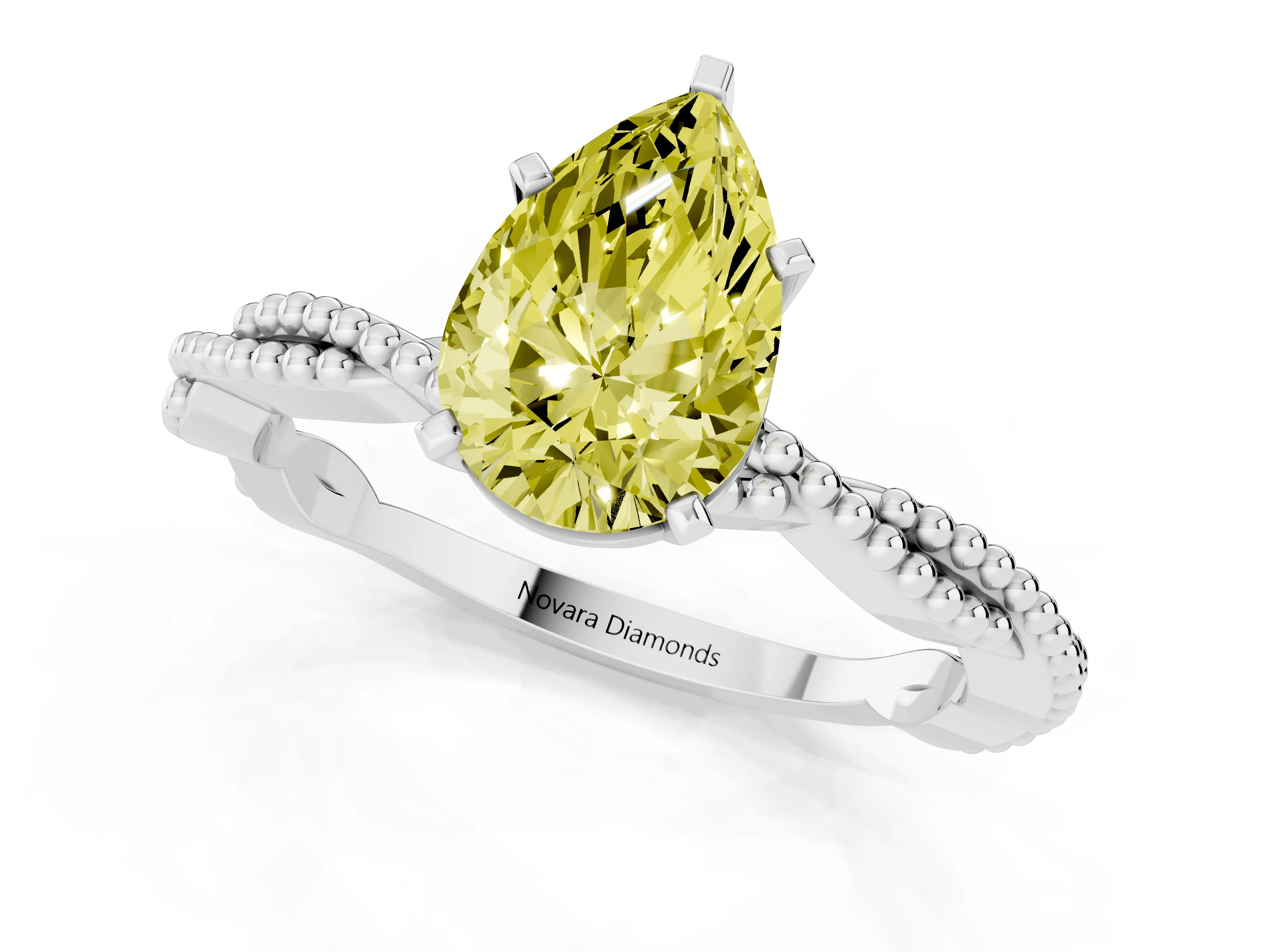 Fancy Yellow Pear Cut Diamond Solitaire Ring Set in Silver with Twisted Band and Bead Prong Setting