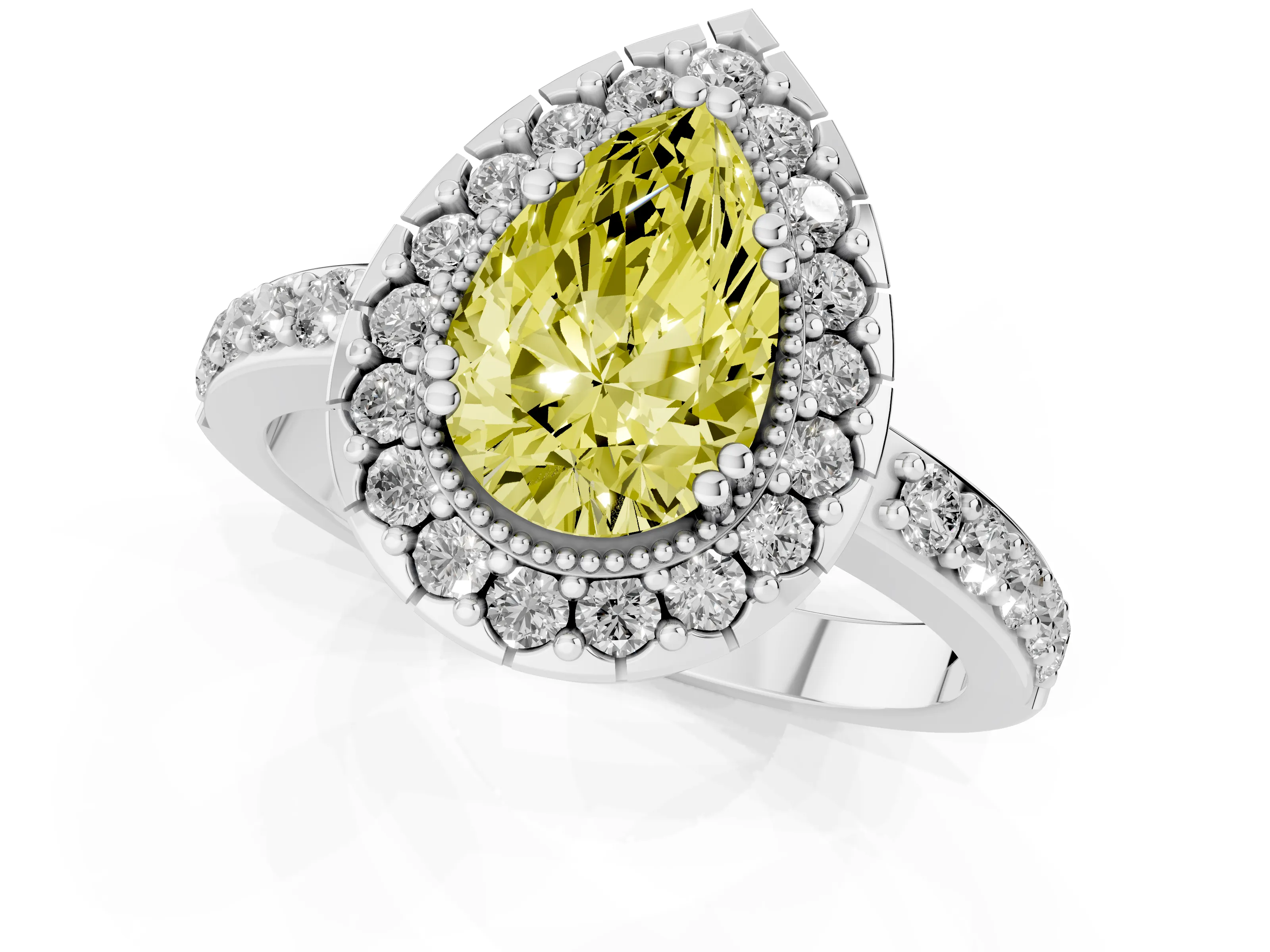 Fancy Yellow Pear Cut Diamond Halo Ring Set in White gold with Pavé Shank and Prong Setting