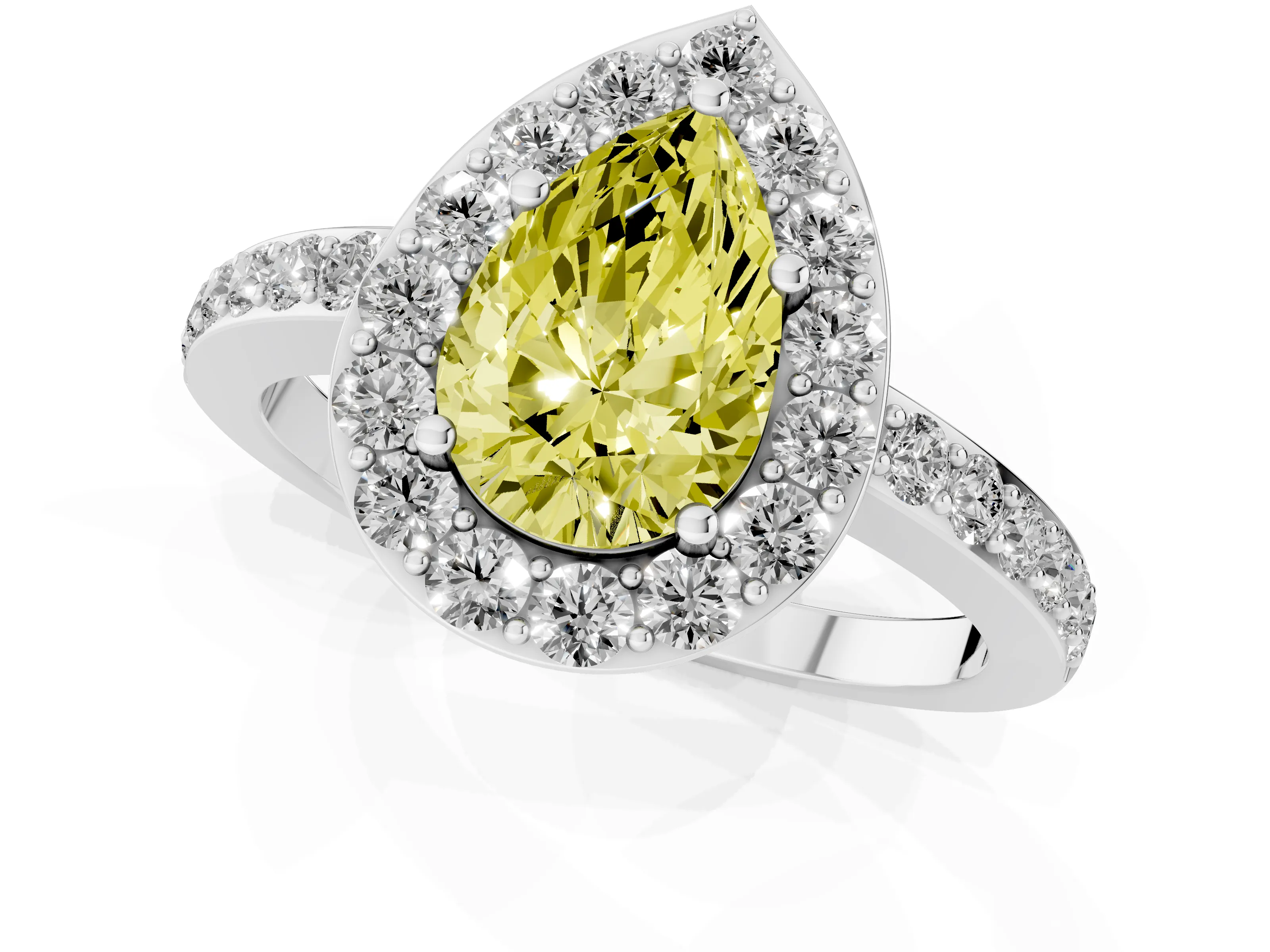 Fancy Yellow Pear Cut Diamond Halo Ring Set in Platinum with Pavé-Setting Band and Open Prong Center