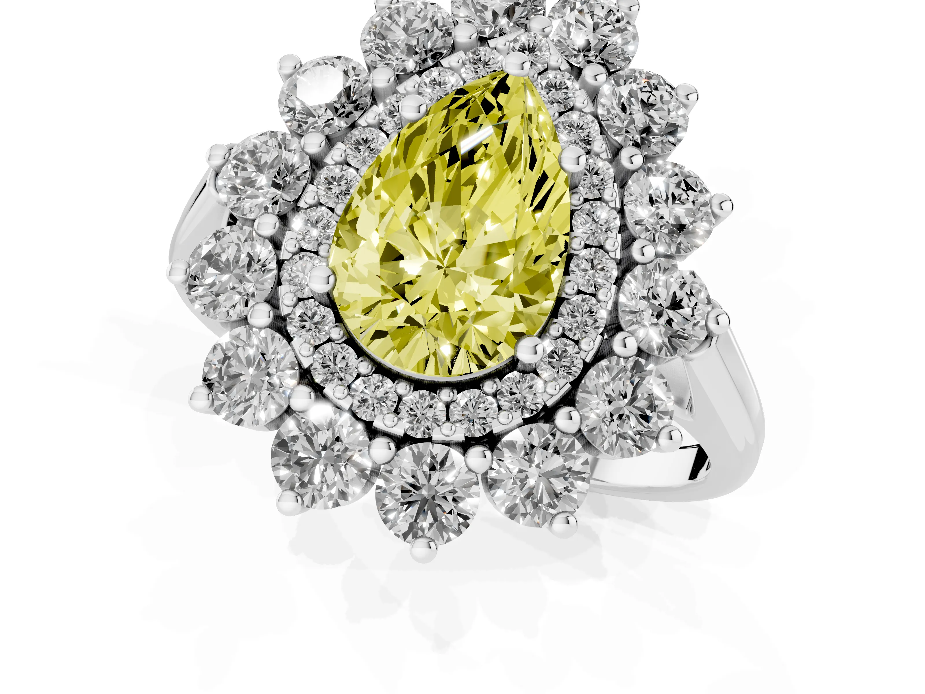 Fancy Yellow Pear Cut Diamond Floral Double Halo Ring Set in White gold with Round Petals
