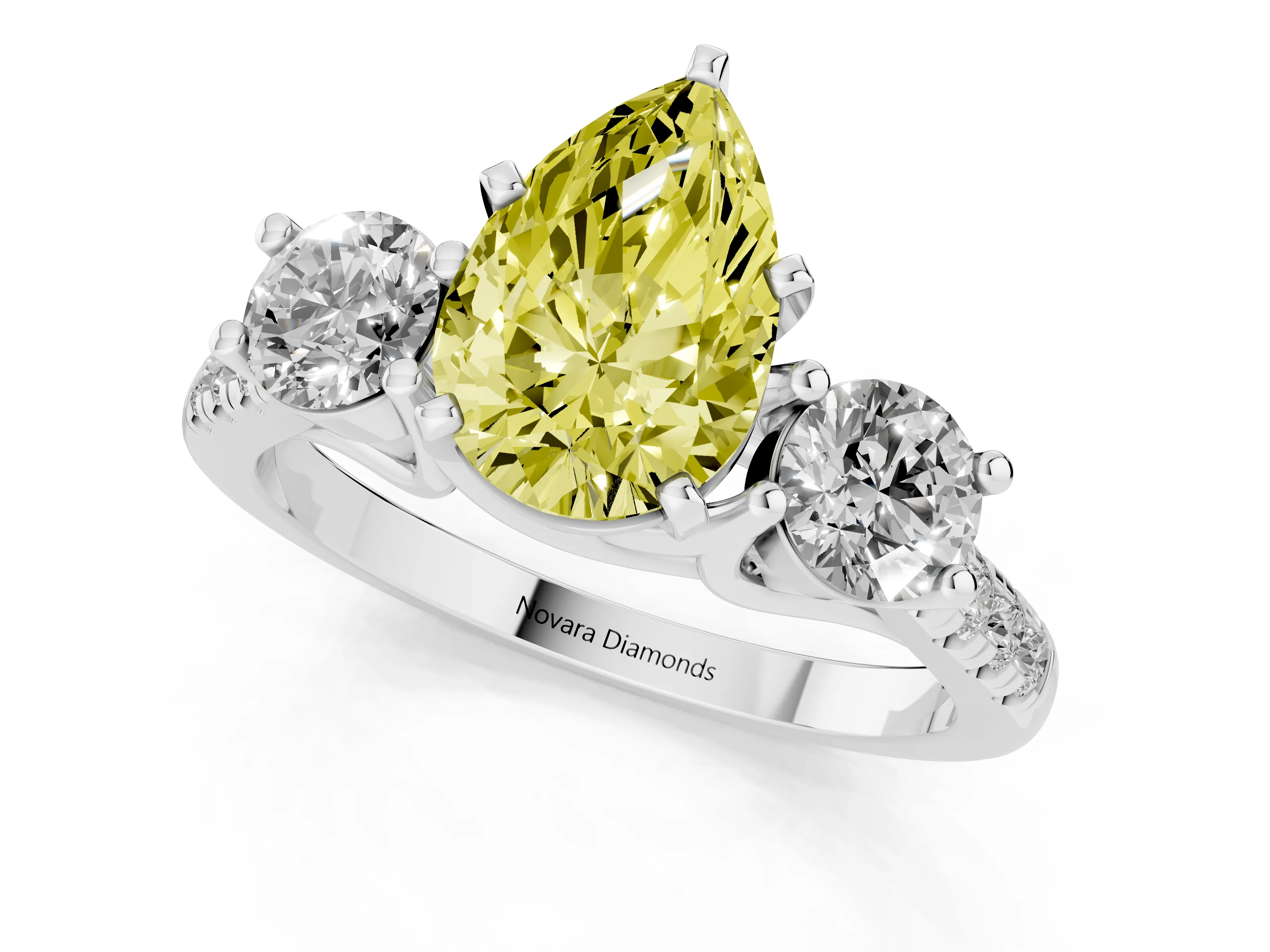 Fancy Yellow Three-Stone Pear Cut Diamond Pavé Band Ring Set in Silver with Prong-Set Trio