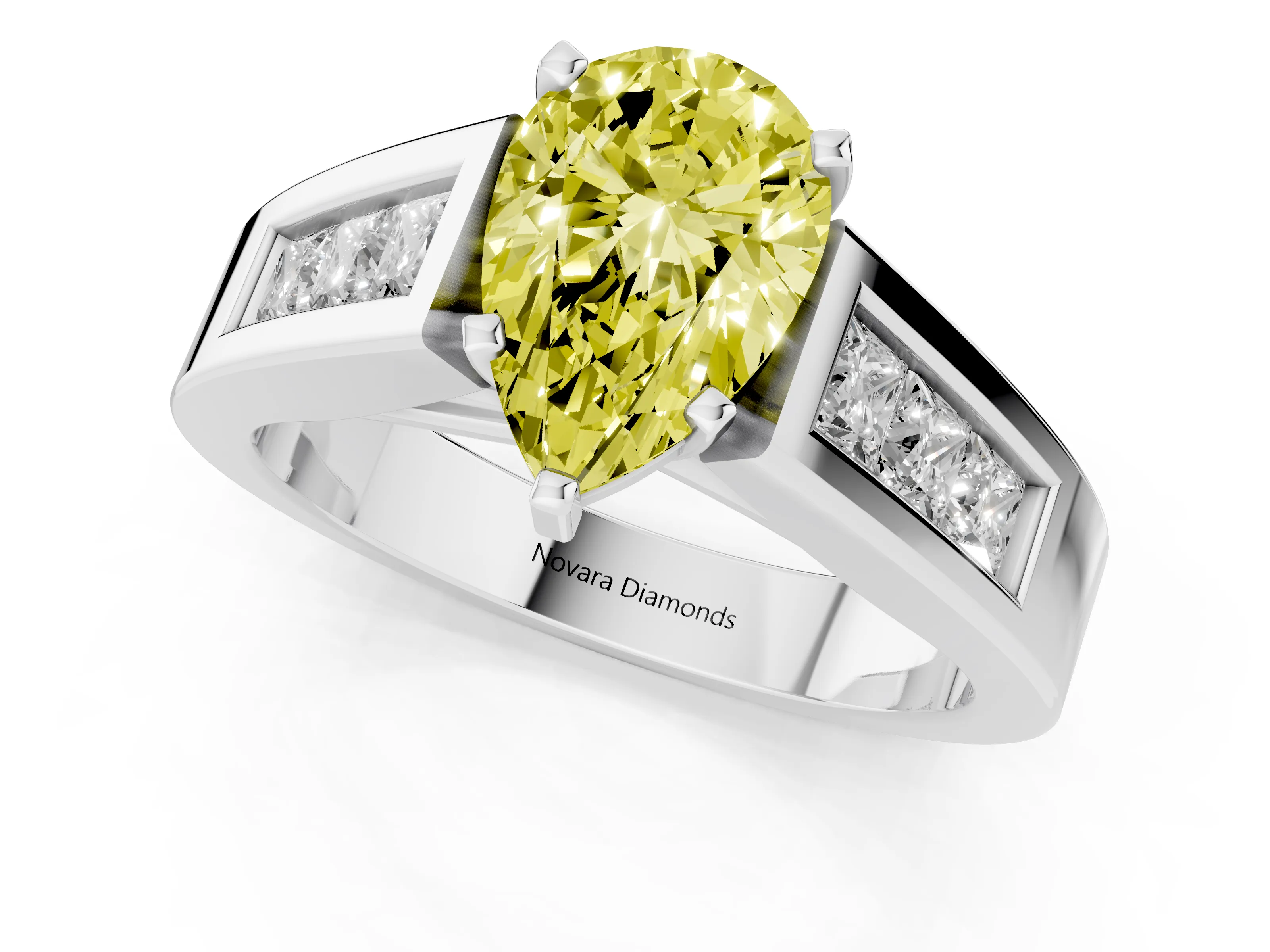 Fancy Yellow Pear Cut Diamond Solitaire Ring Set in White gold with Channel-Set Accent Stones and Prong Setting