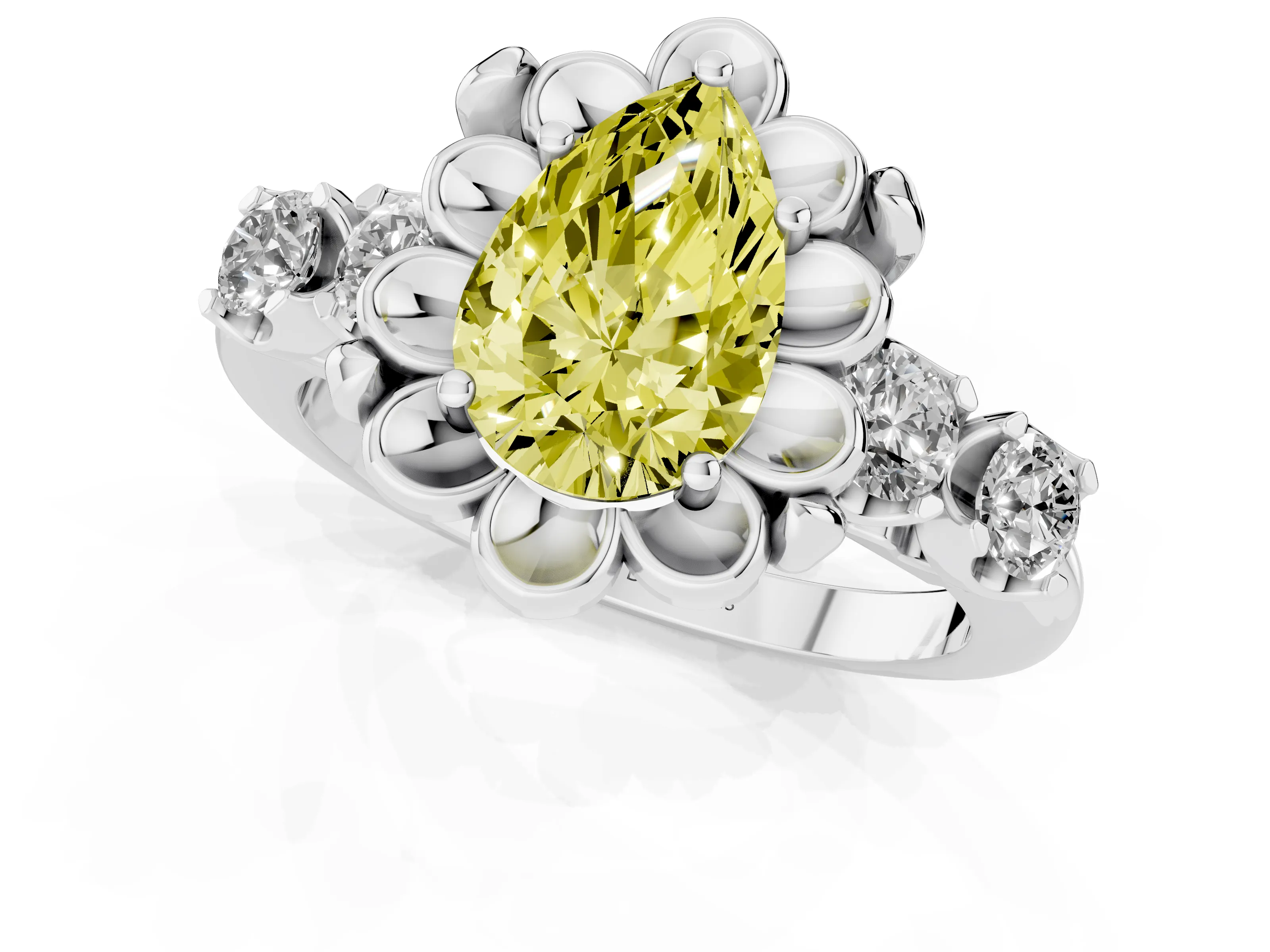 Fancy Yellow Pear Cut Diamond Floral Halo Ring Set in Platinum with Shared Prong Band