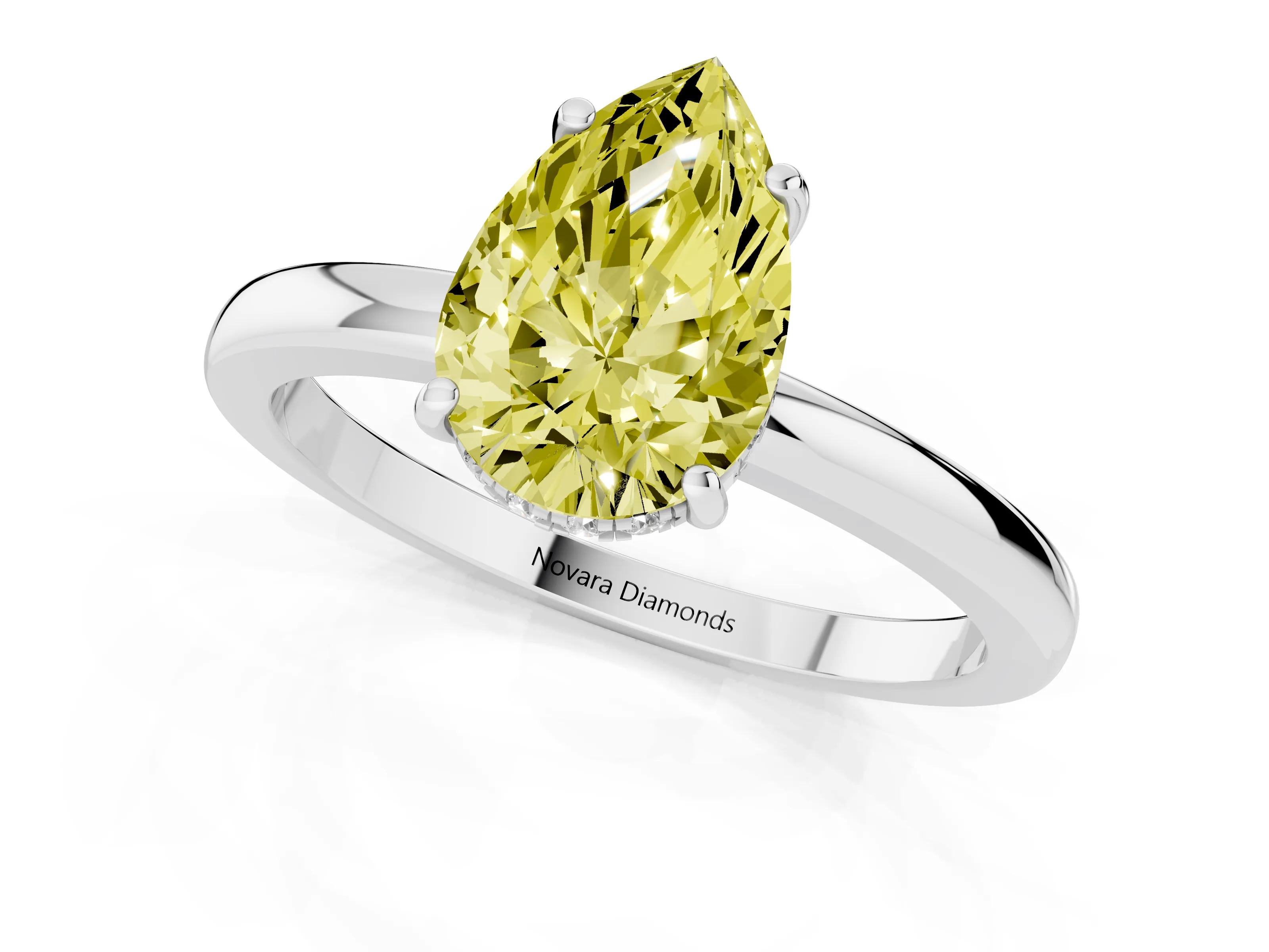 Fancy Yellow Pear Cut Diamond Solitaire Ring Set in Silver with Plain Band and Prong Setting