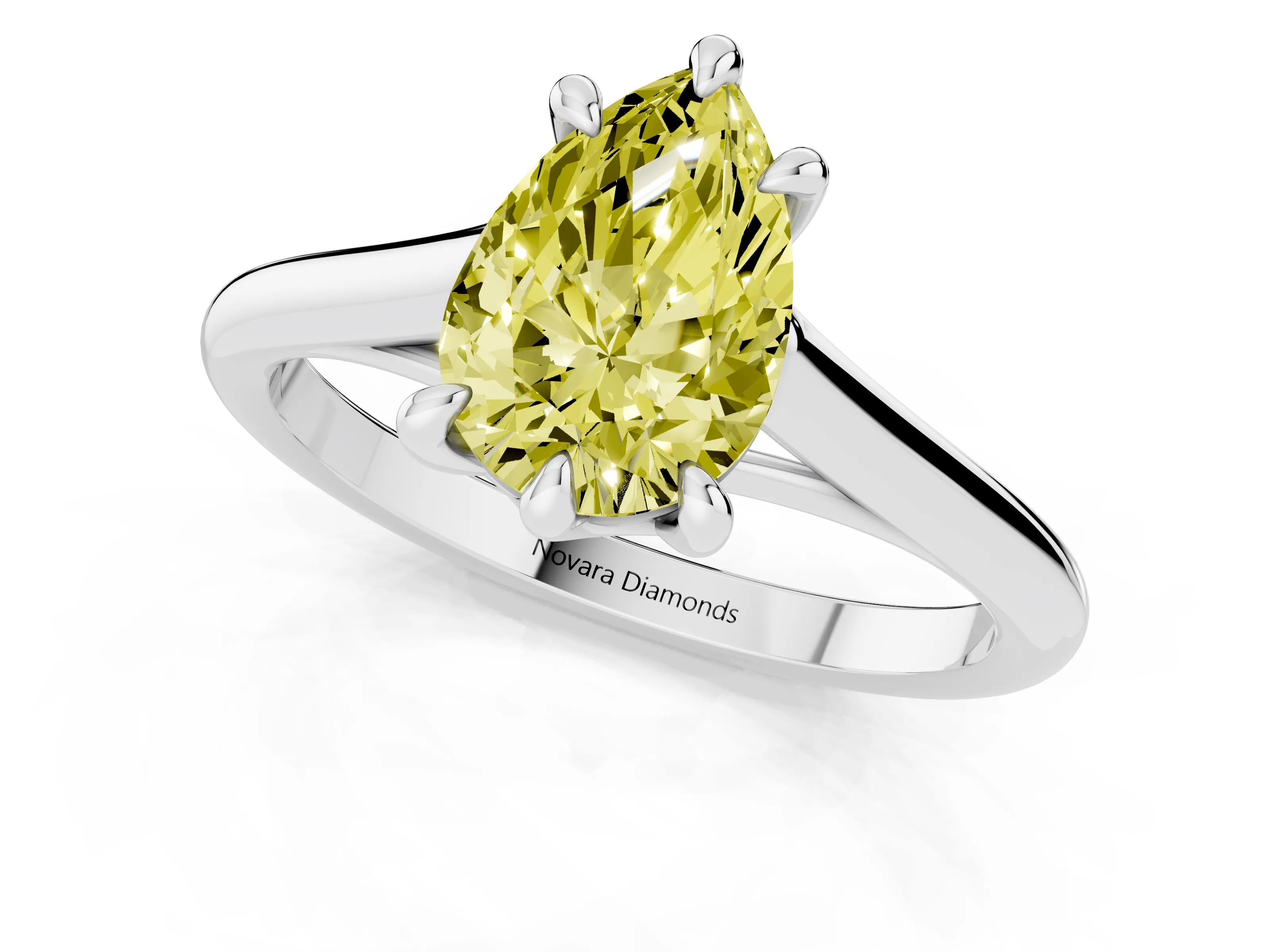 Fancy Yellow Pear Cut Diamond Solitaire Engagement Ring Set in Platinum with Prong Setting and Plain Classic Band