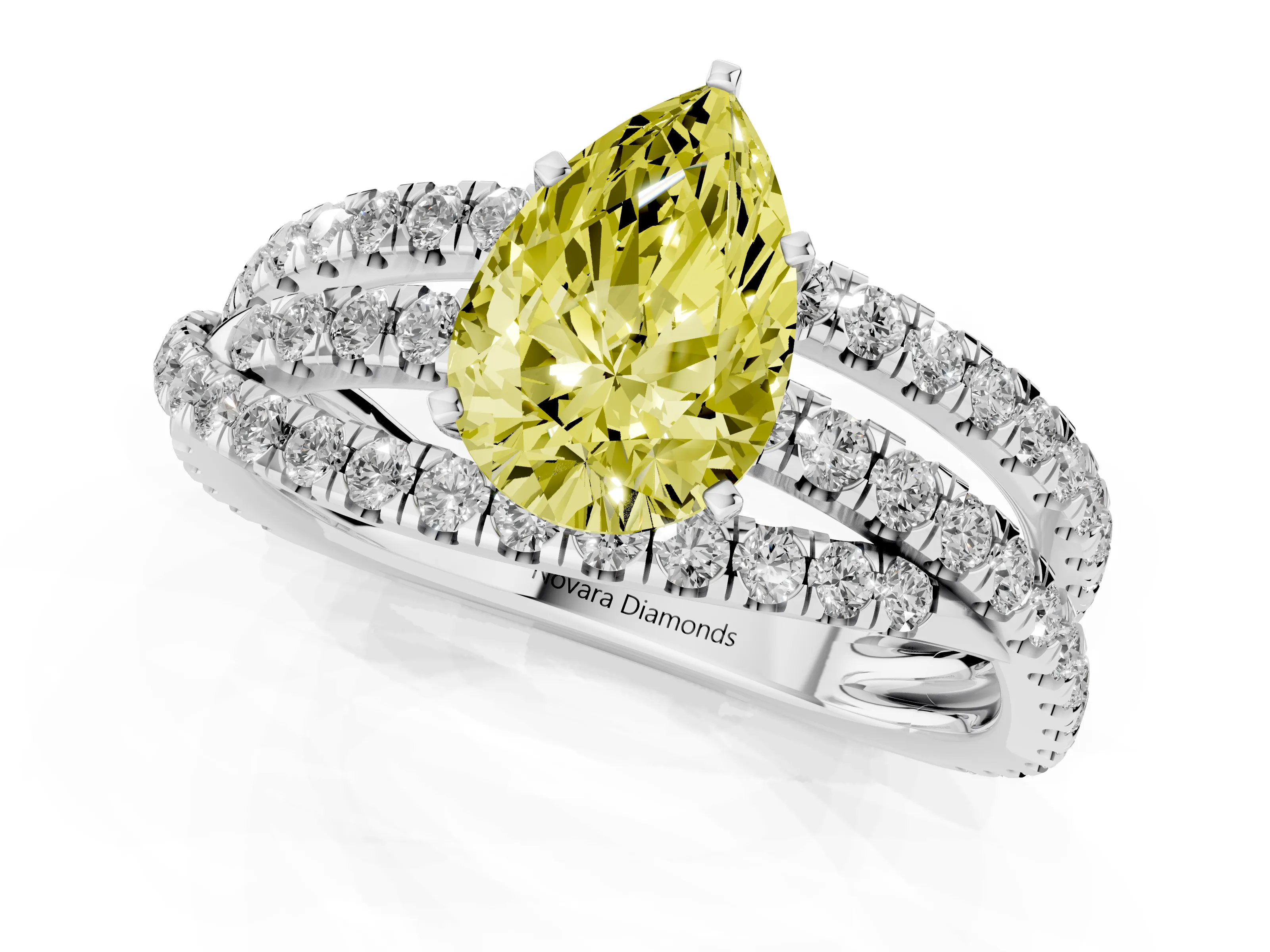 Fancy Yellow Pear Cut Diamond Solitaire Twist Band Ring Set in Platinum with Pavé Setting and Prong Head