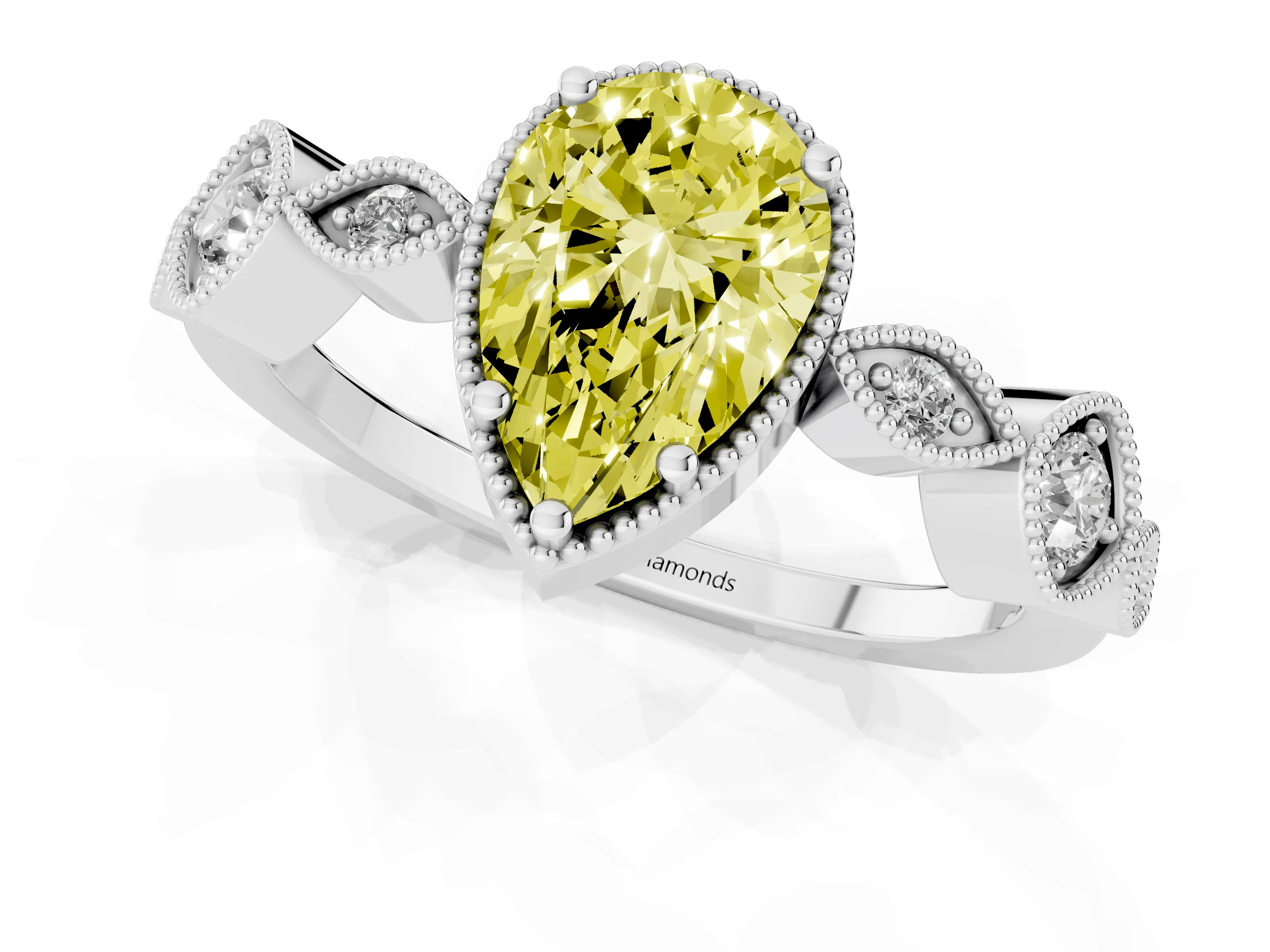 Fancy Yellow Pear Cut Diamond Vintage-Inspired Milgrain Ring Set in Platinum with Marquise Stations of Round Accents – second view