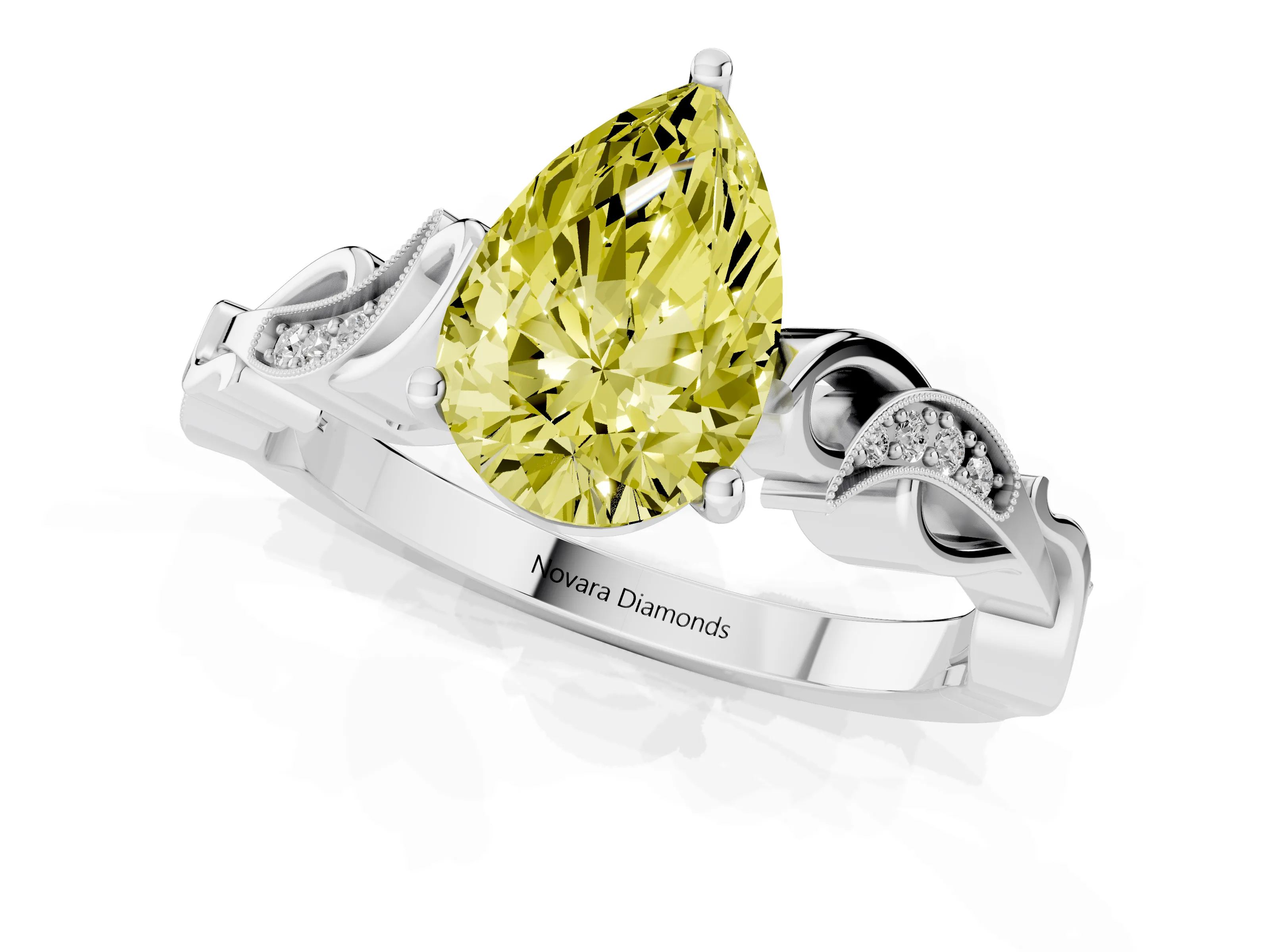 Fancy Yellow Pear Cut Diamond Vine Band Solitaire Ring Set in White gold with Milgrain Prong Setting