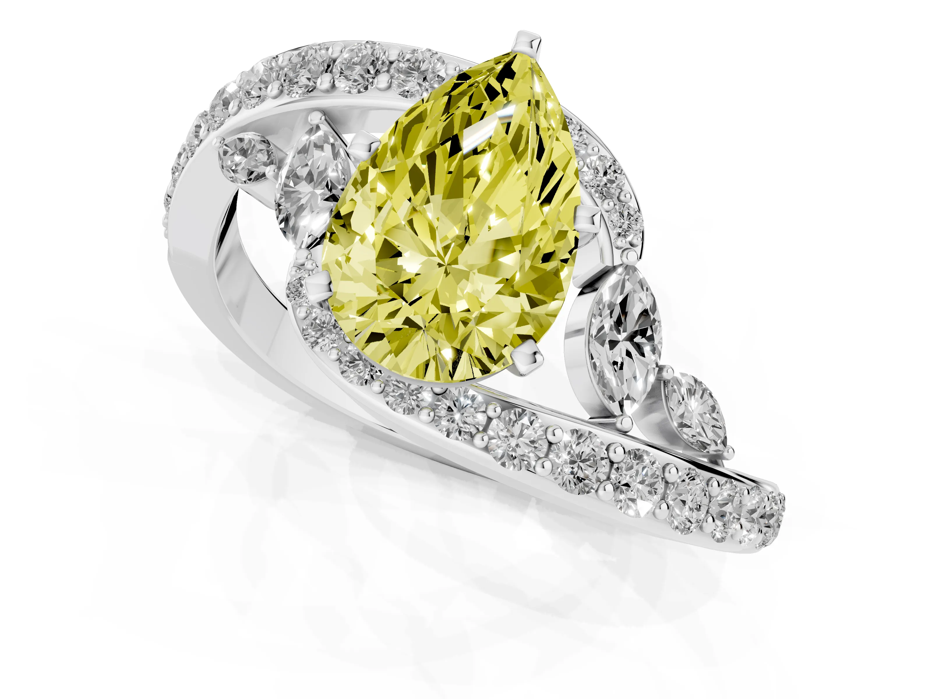 Fancy Yellow Pear Cut Diamond Solitaire Ring Set in White gold with Pavé Twist Band and Secure Prong Setting