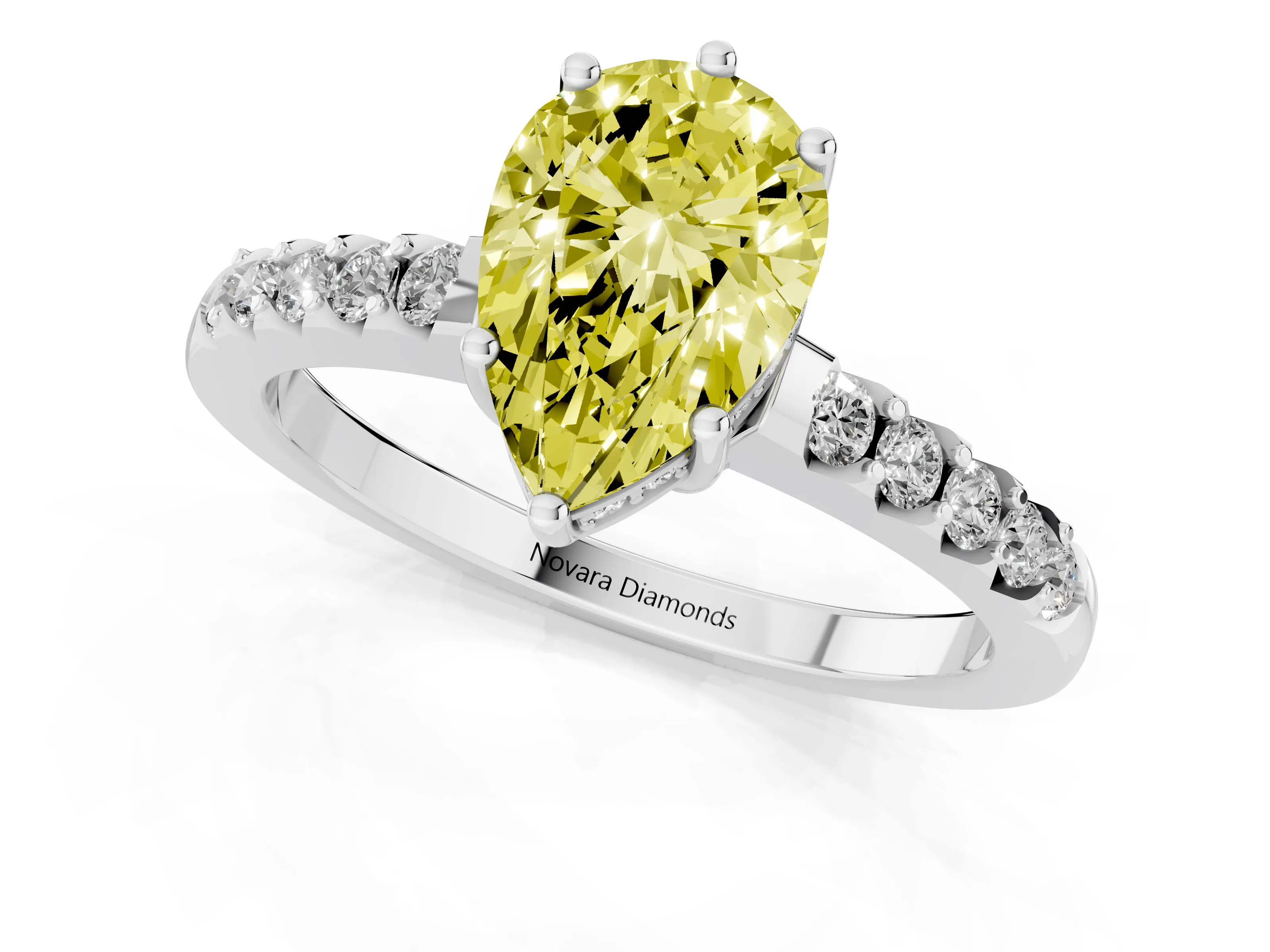 Fancy Yellow Pear Cut Diamond Solitaire Engagement Ring Set in Silver with Pavé Band and Prong Setting
