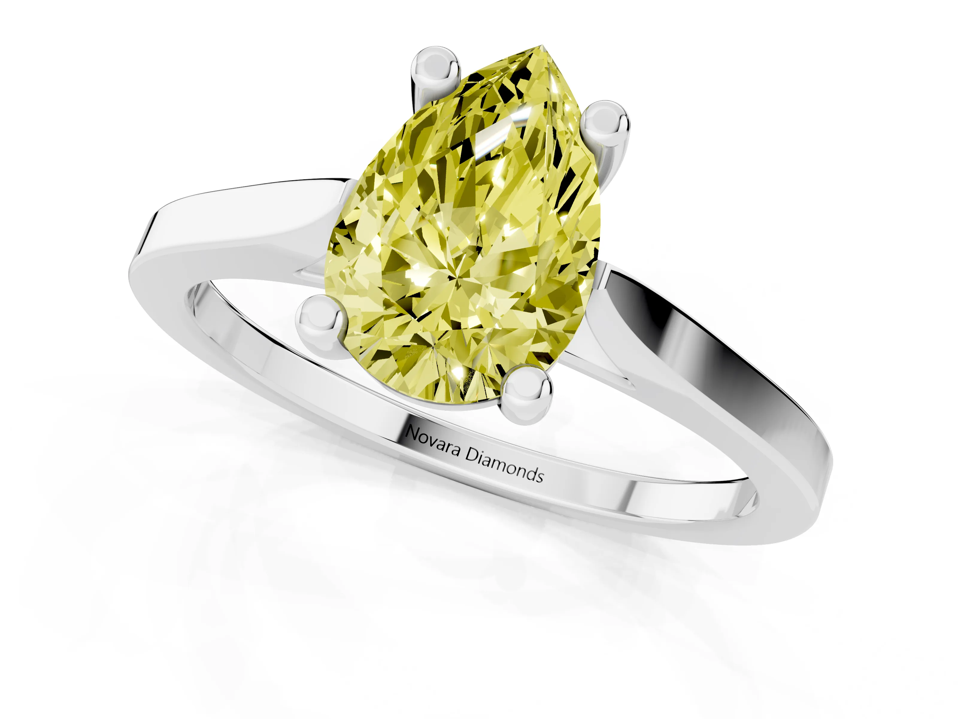 Fancy Yellow Pear Cut Diamond Solitaire Ring Set in Platinum with Prong Setting and Tapered Band