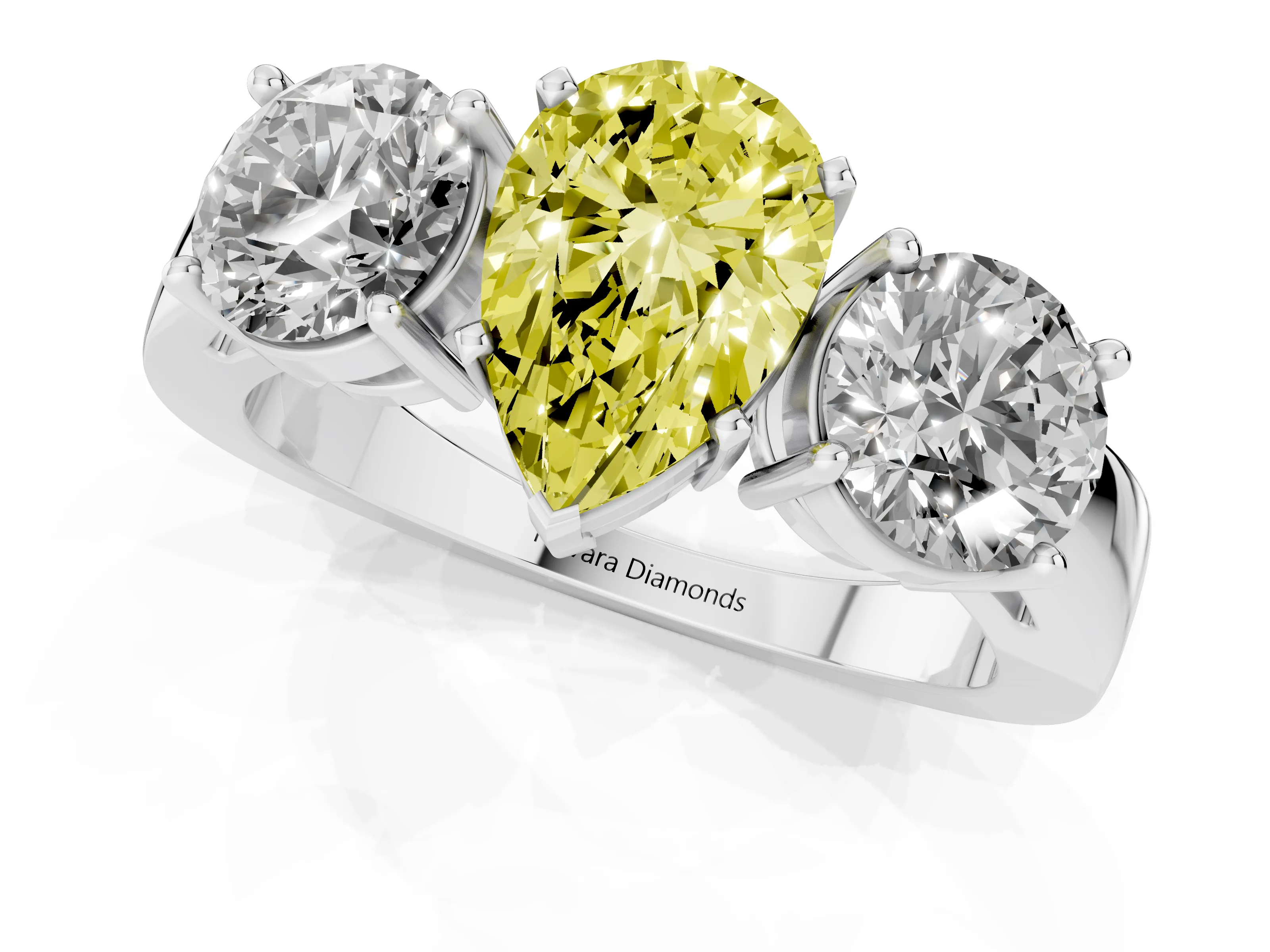 Fancy Yellow Pear Cut Diamond Three-Stone Ring Set in Platinum with Round Side Stones and Classic Band