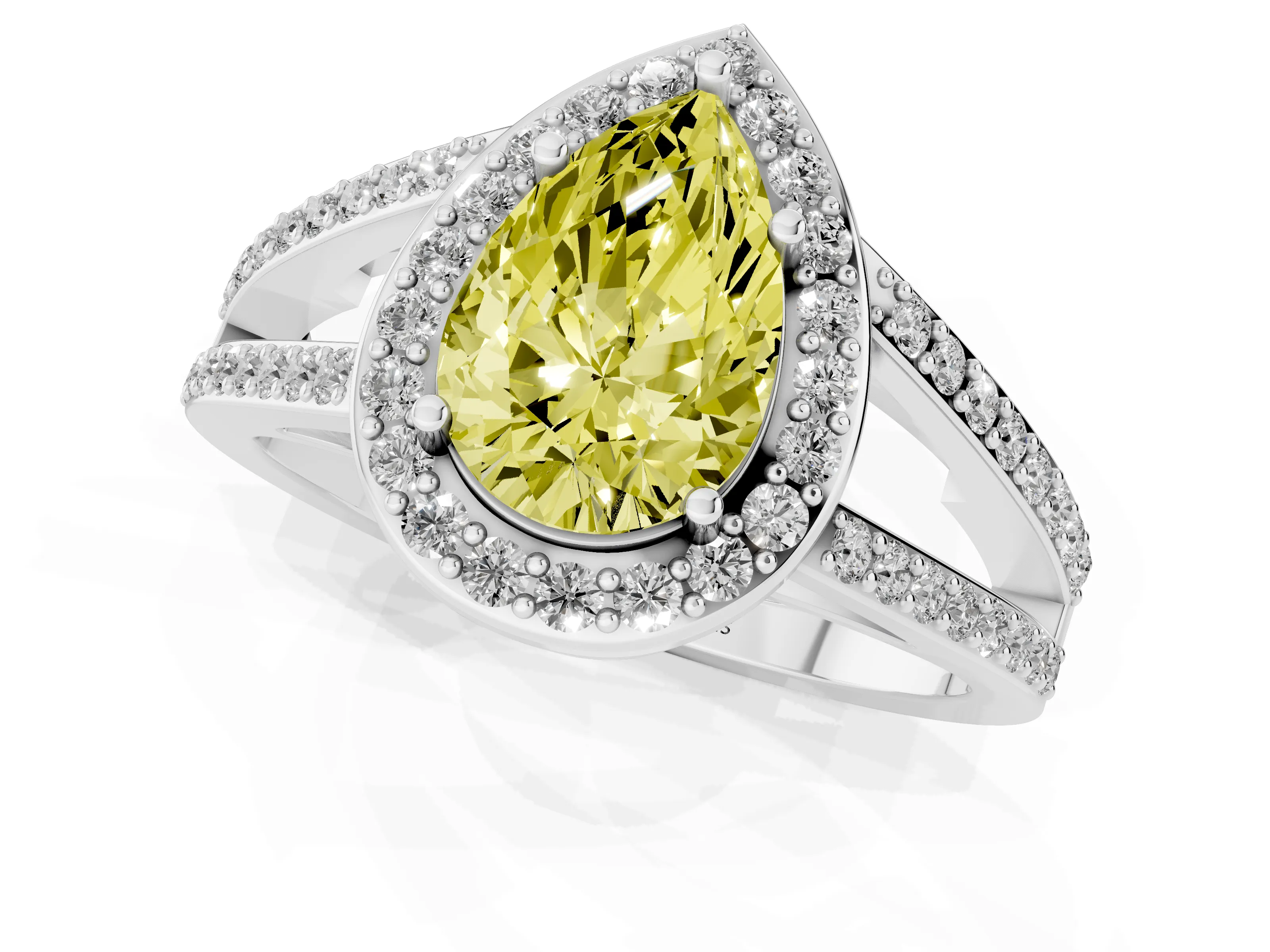 Fancy Yellow Pear Cut Diamond Halo Ring Set in Platinum with U-Prong Split Shank and Prong Setting – second view