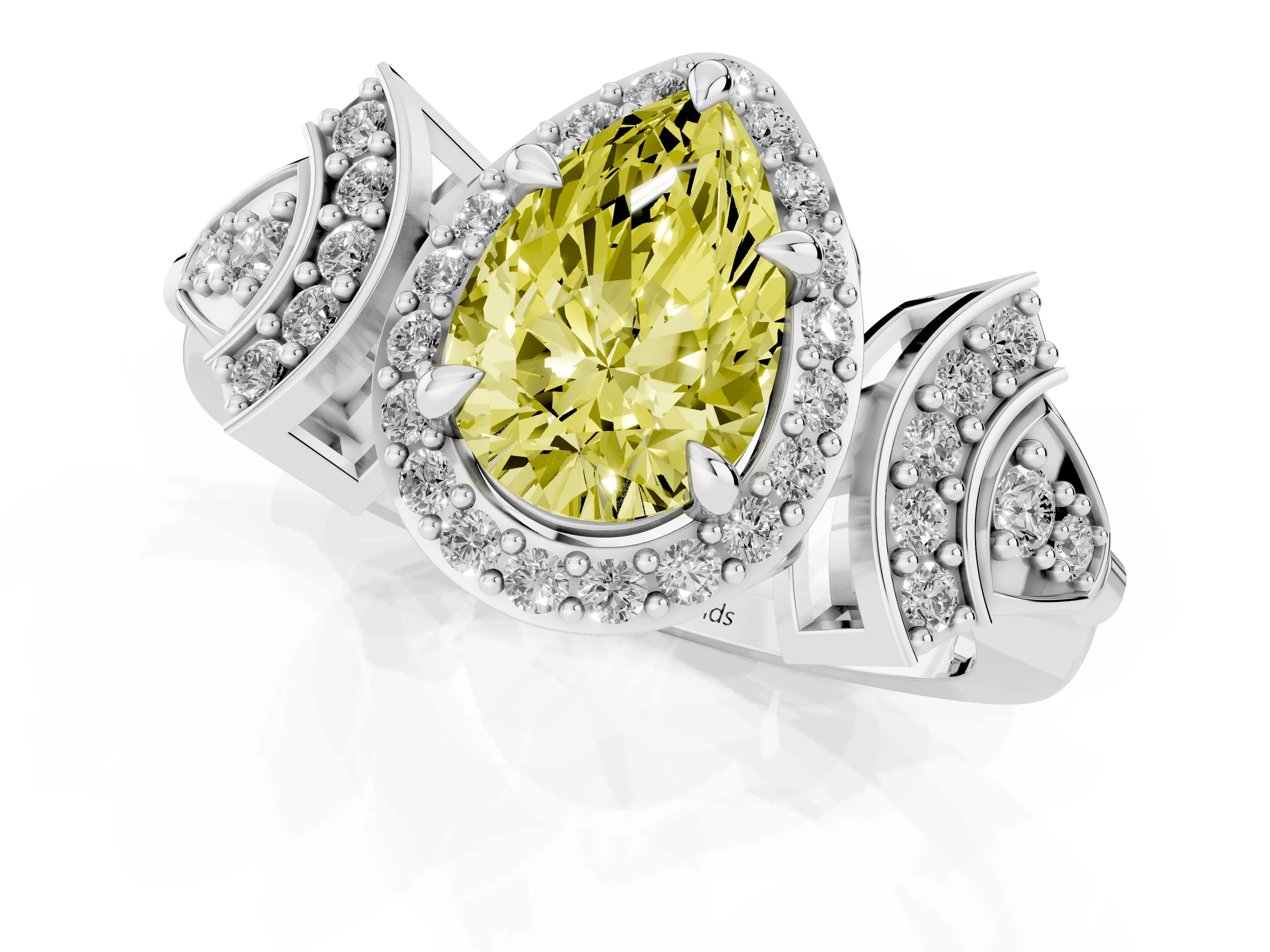 Fancy Yellow Pear Cut Diamond Halo Engagement Ring Set in Silver with Accent Stone Split Shank