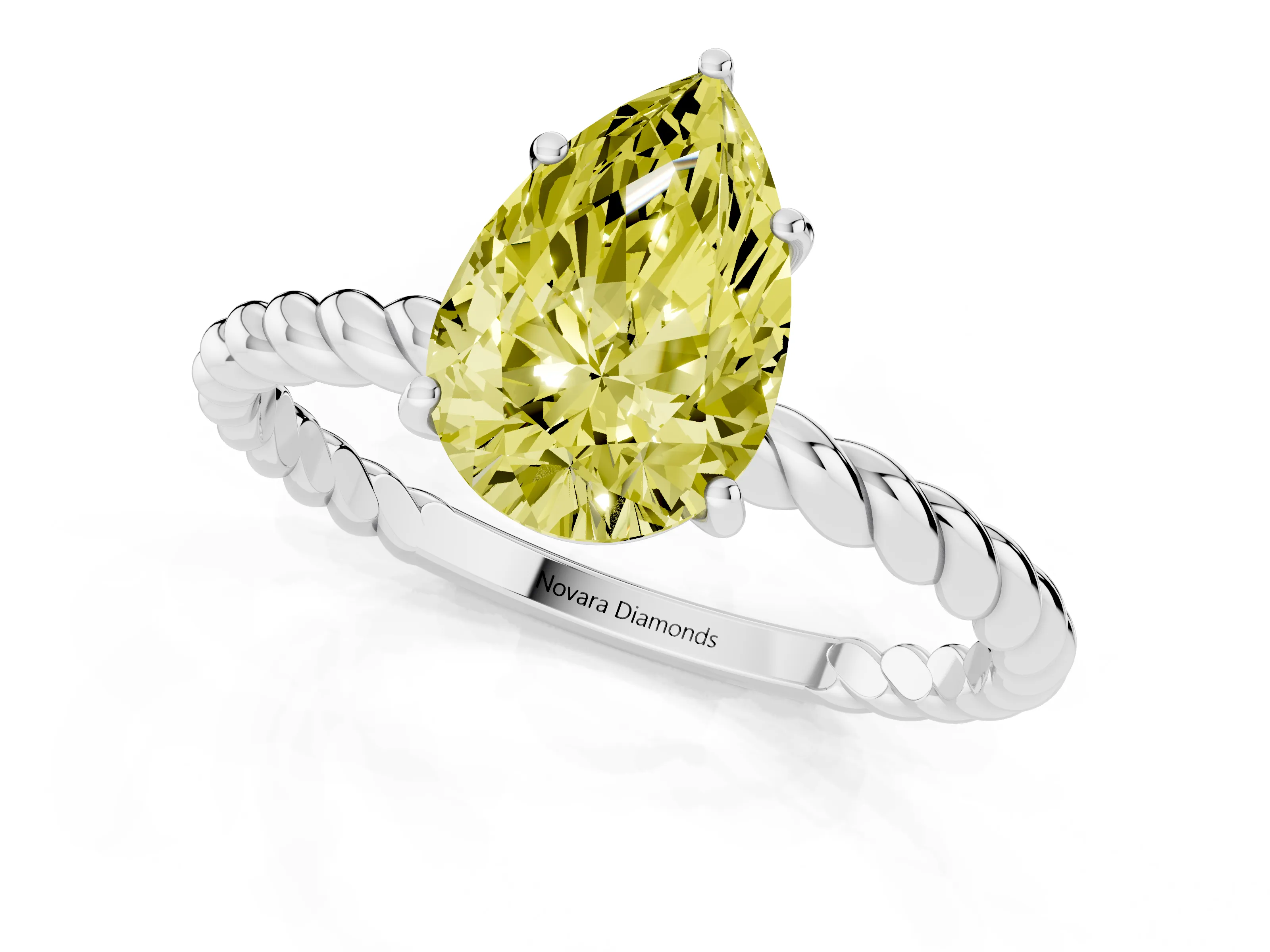 Fancy Yellow Pear Cut Diamond Solitaire Ring Set in Platinum with Twist Band and Prong Setting