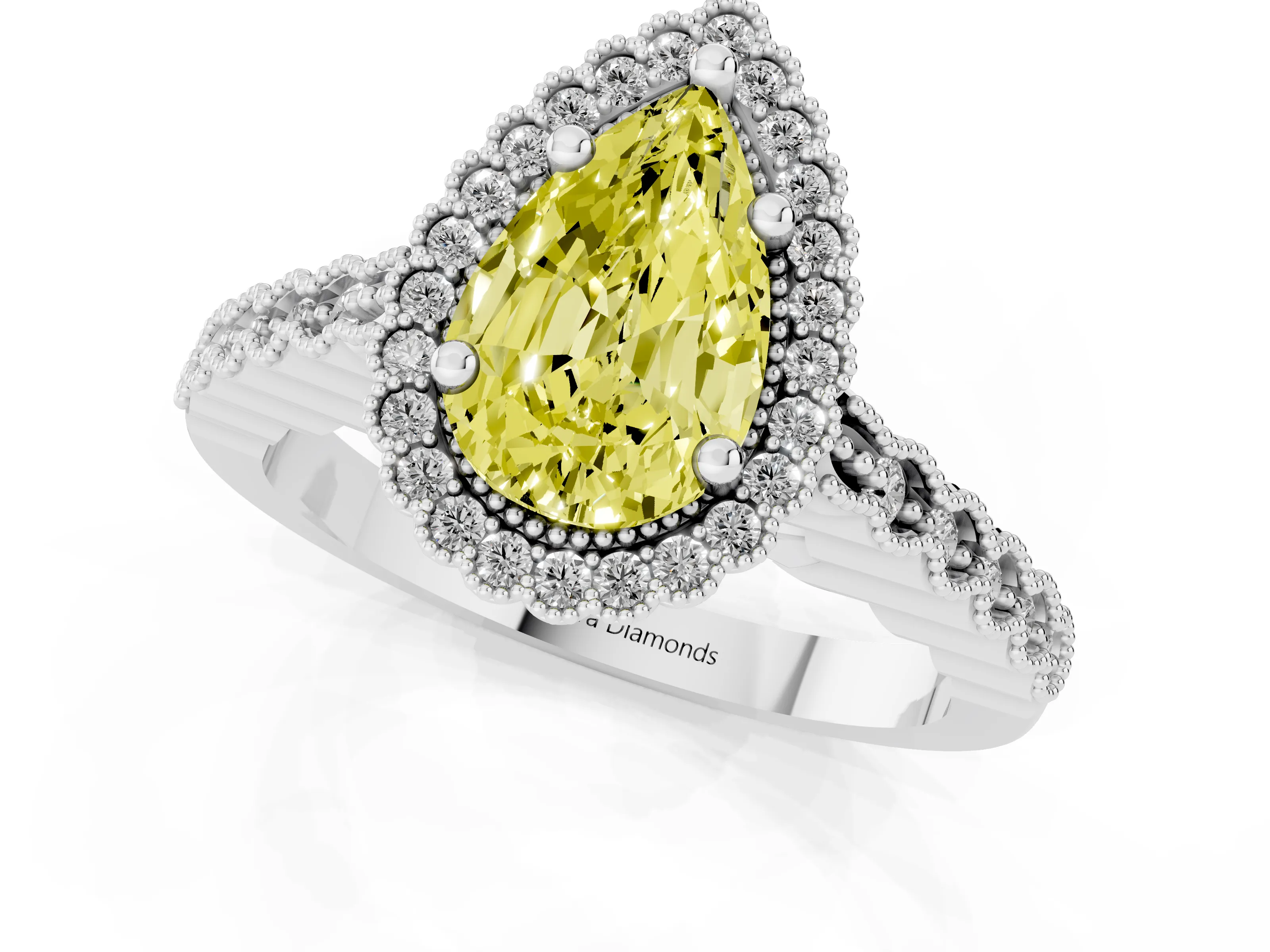 Fancy Yellow Pear Cut Diamond Halo Ring Set in Platinum with Pavé Milgrain Band