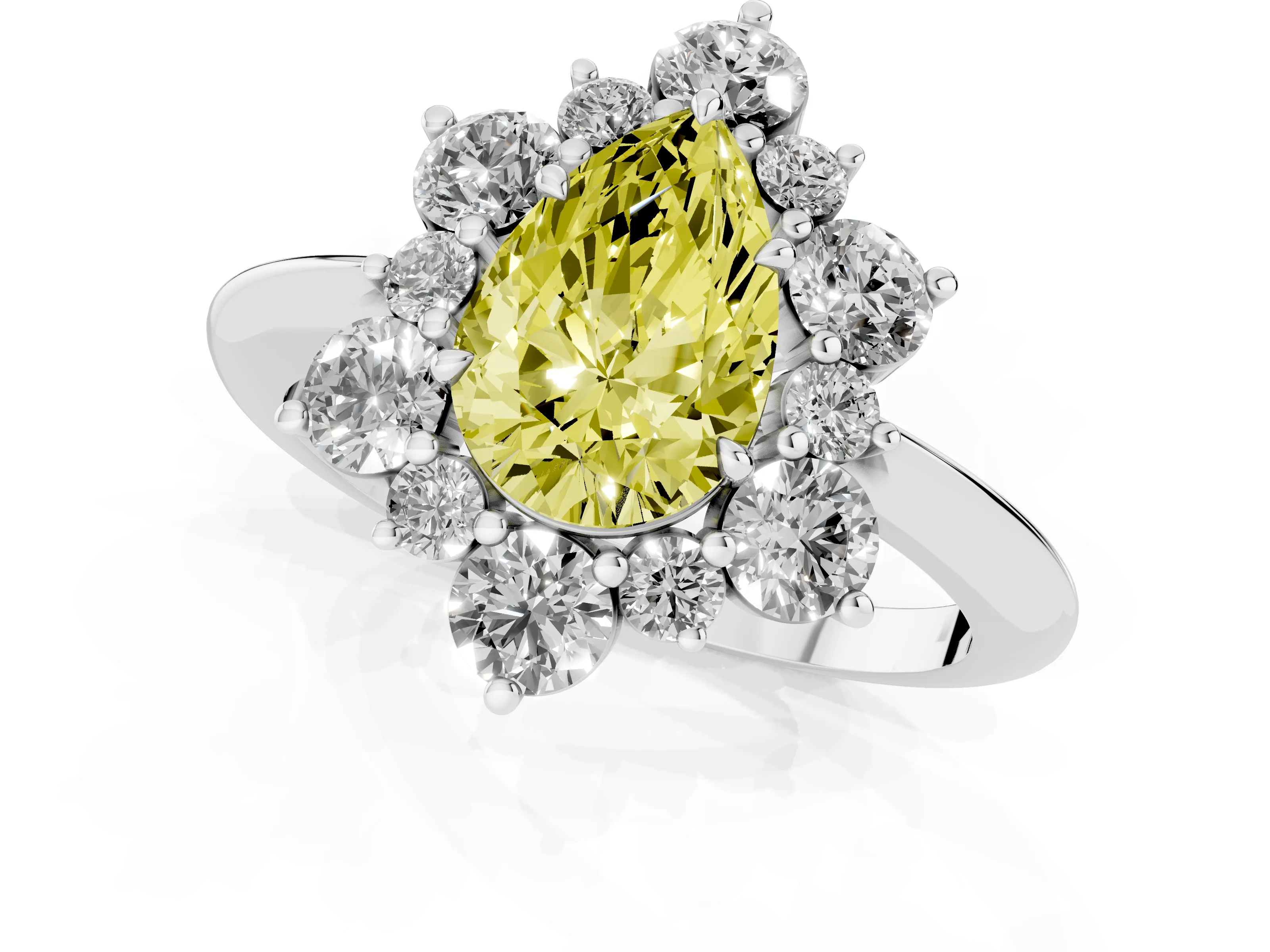 Fancy Yellow Pear Cut Diamond Cluster Halo Ring Set in Platinum with Solitaire Band and Prong Setting – second view