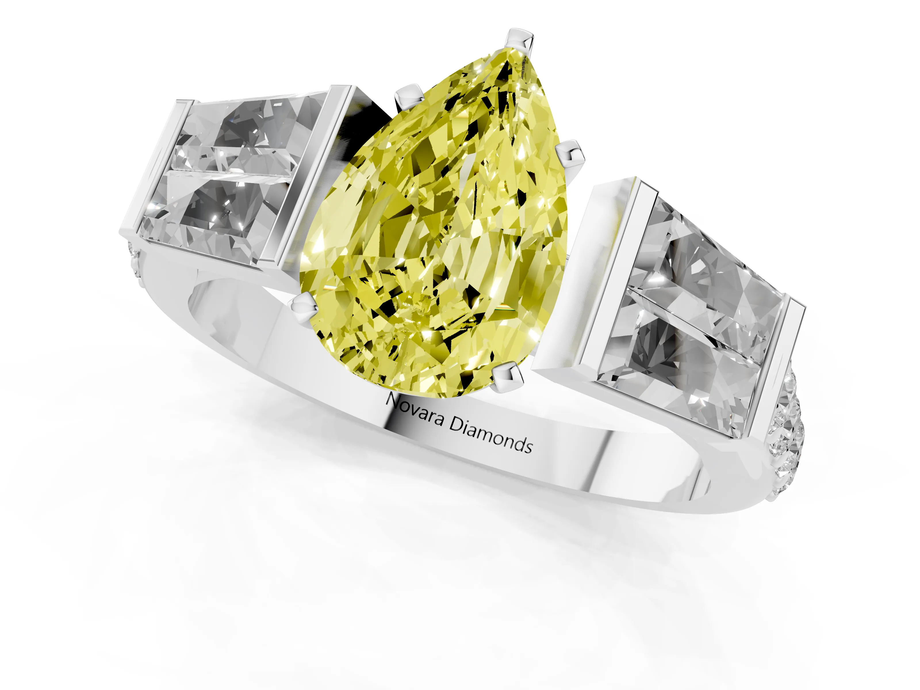 Fancy Yellow Pear Cut Diamond Engagement Ring Set in White gold with Baguette Side Stones and Channel Set Band