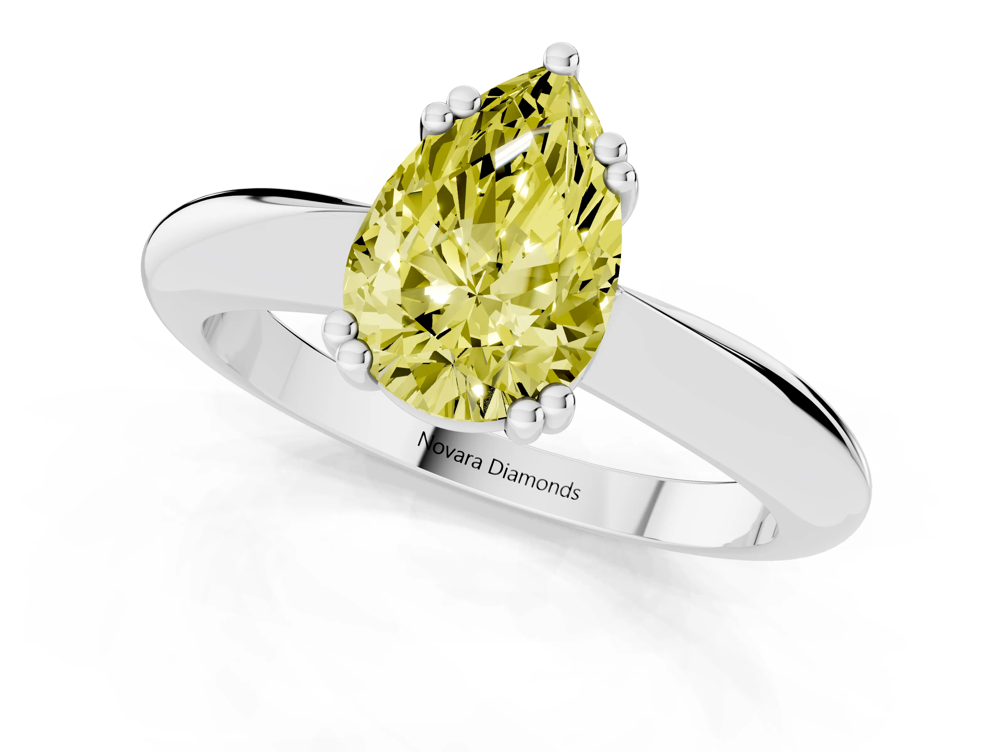 Fancy Yellow Pear Cut Diamond Solitaire Engagement Ring Set in Silver with Tapered Band and Prong Setting