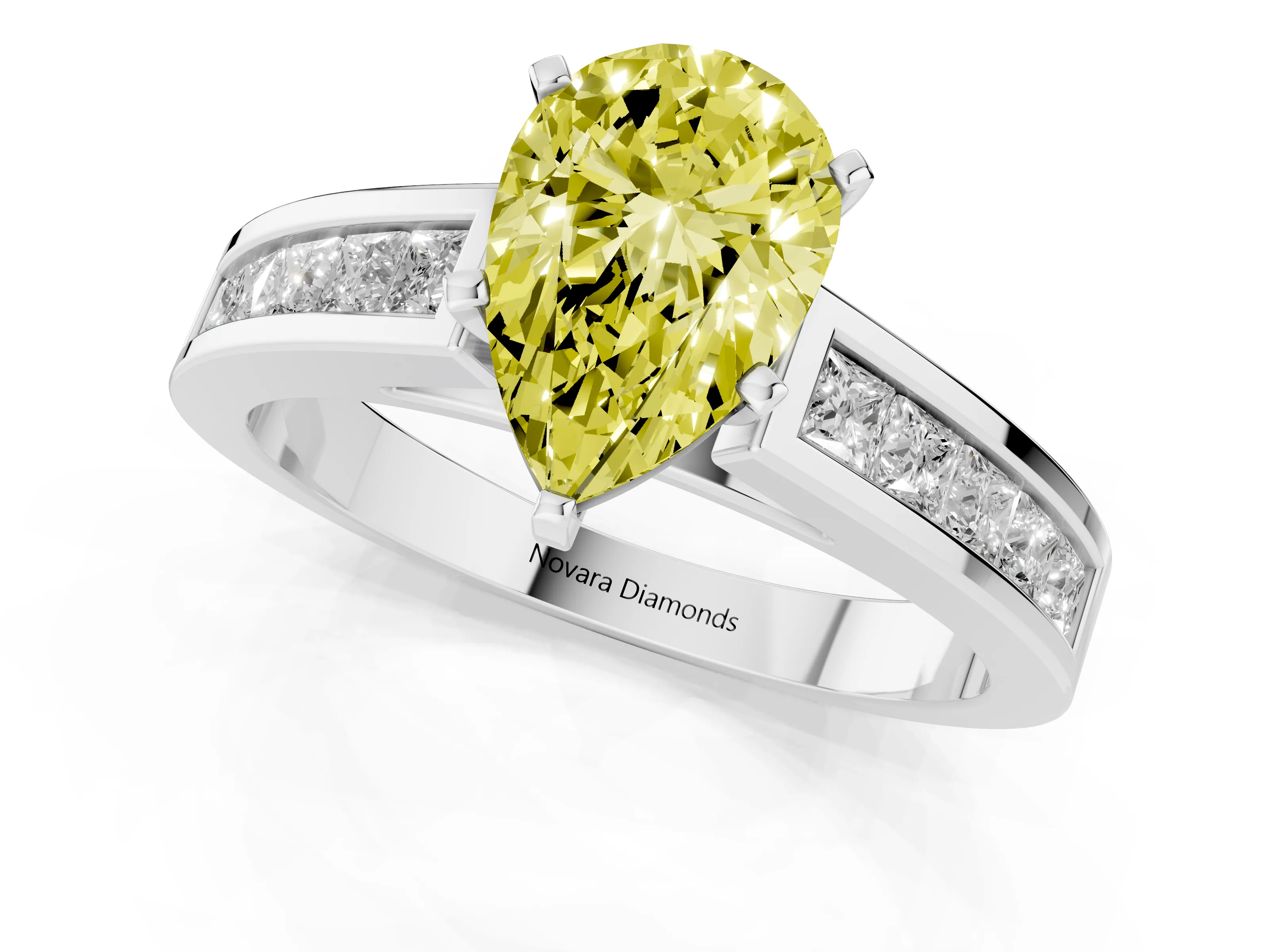 Fancy Yellow Pear Cut Diamond Solitaire Ring Set in White gold with Channel-Set Band and Prong Setting