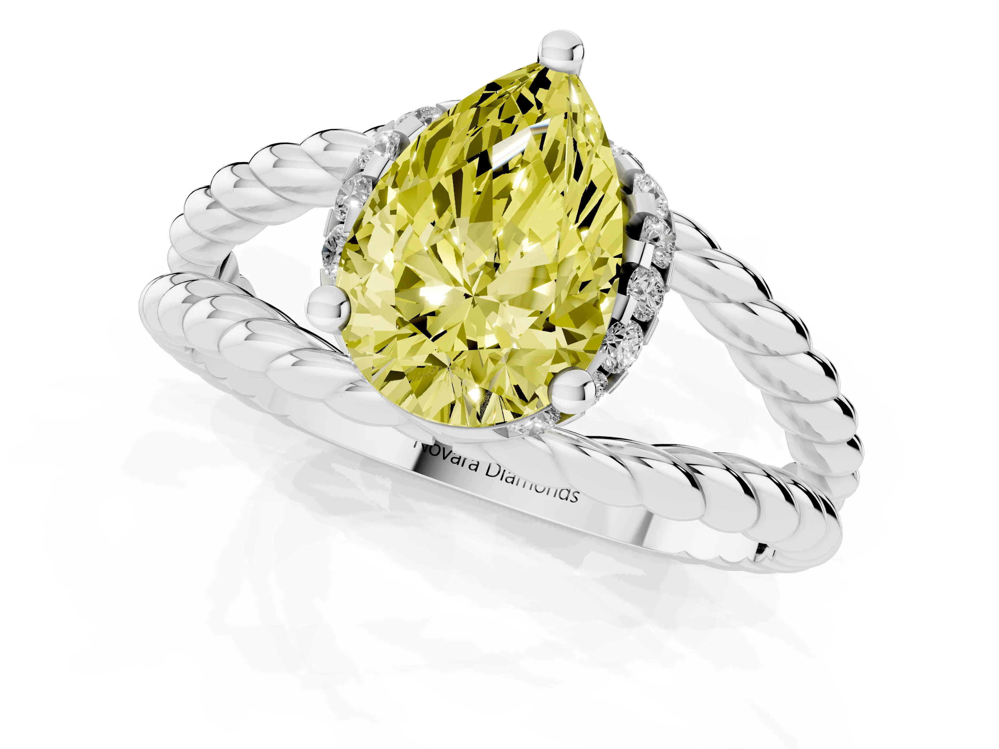 Fancy Yellow Pear Cut Diamond Halo Ring Set in White gold with Twisted Band and Prong Setting
