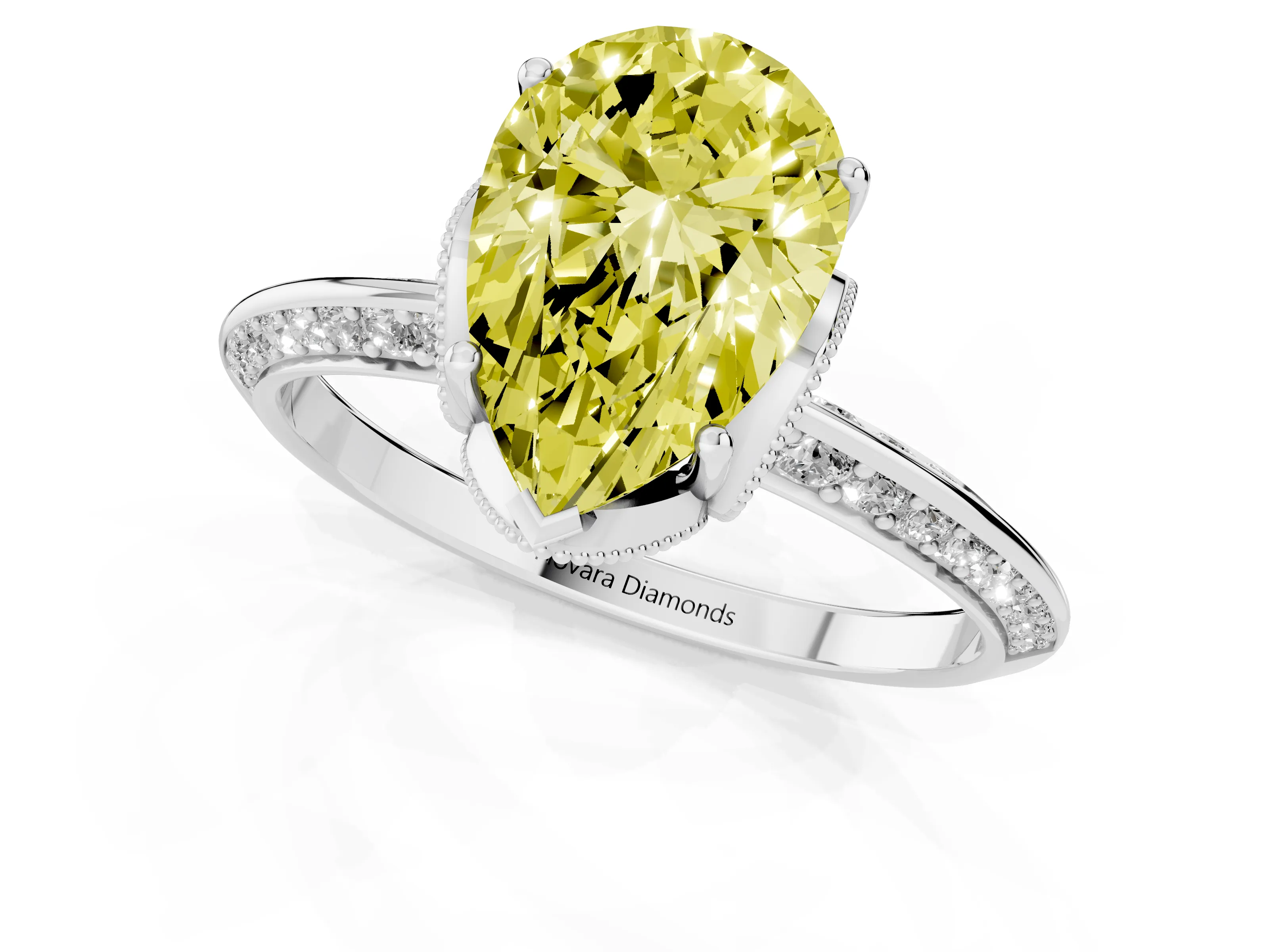 Fancy Yellow Pear Cut Diamond Solitaire Engagement Ring Set in Silver with Pavé Split Shank and Prong Setting