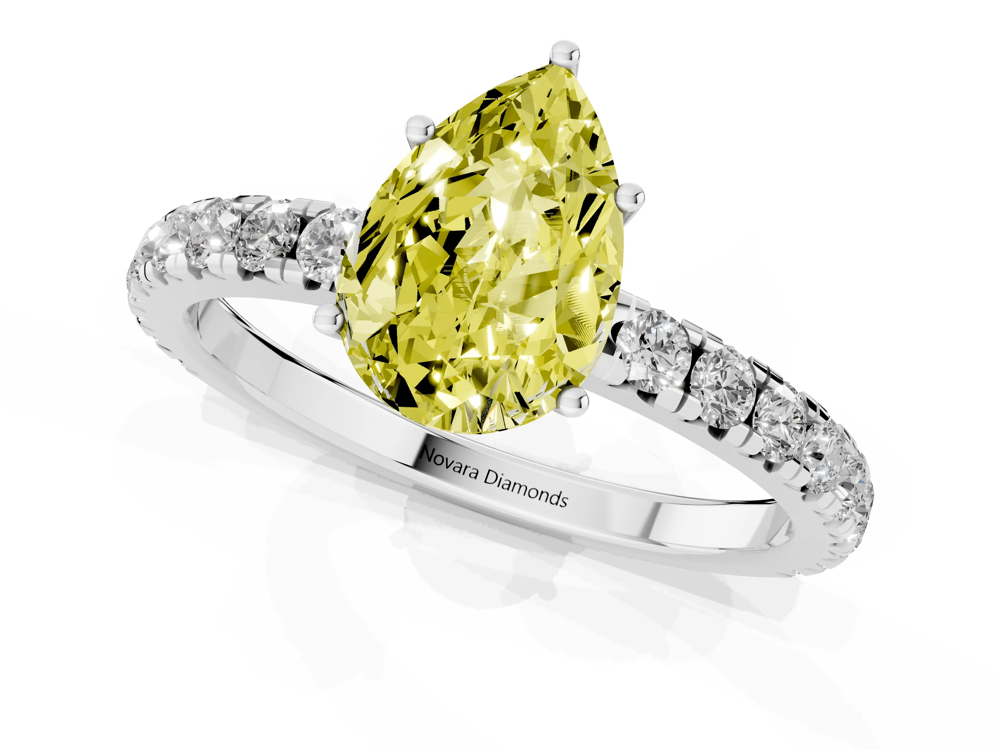 Fancy Yellow Pear Cut Diamond Pavé Solitaire Engagement Ring Set in Platinum with Prong Setting