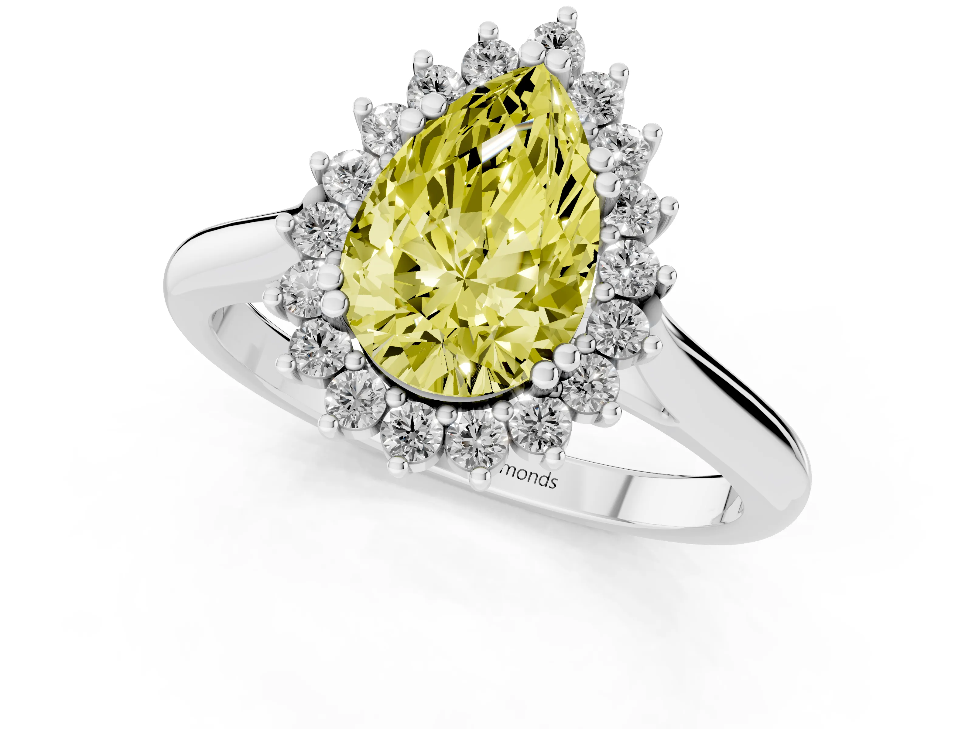 Fancy Yellow Pear Cut Diamond Halo Ring Set in White gold with Plain Solitaire Band and Prong Setting