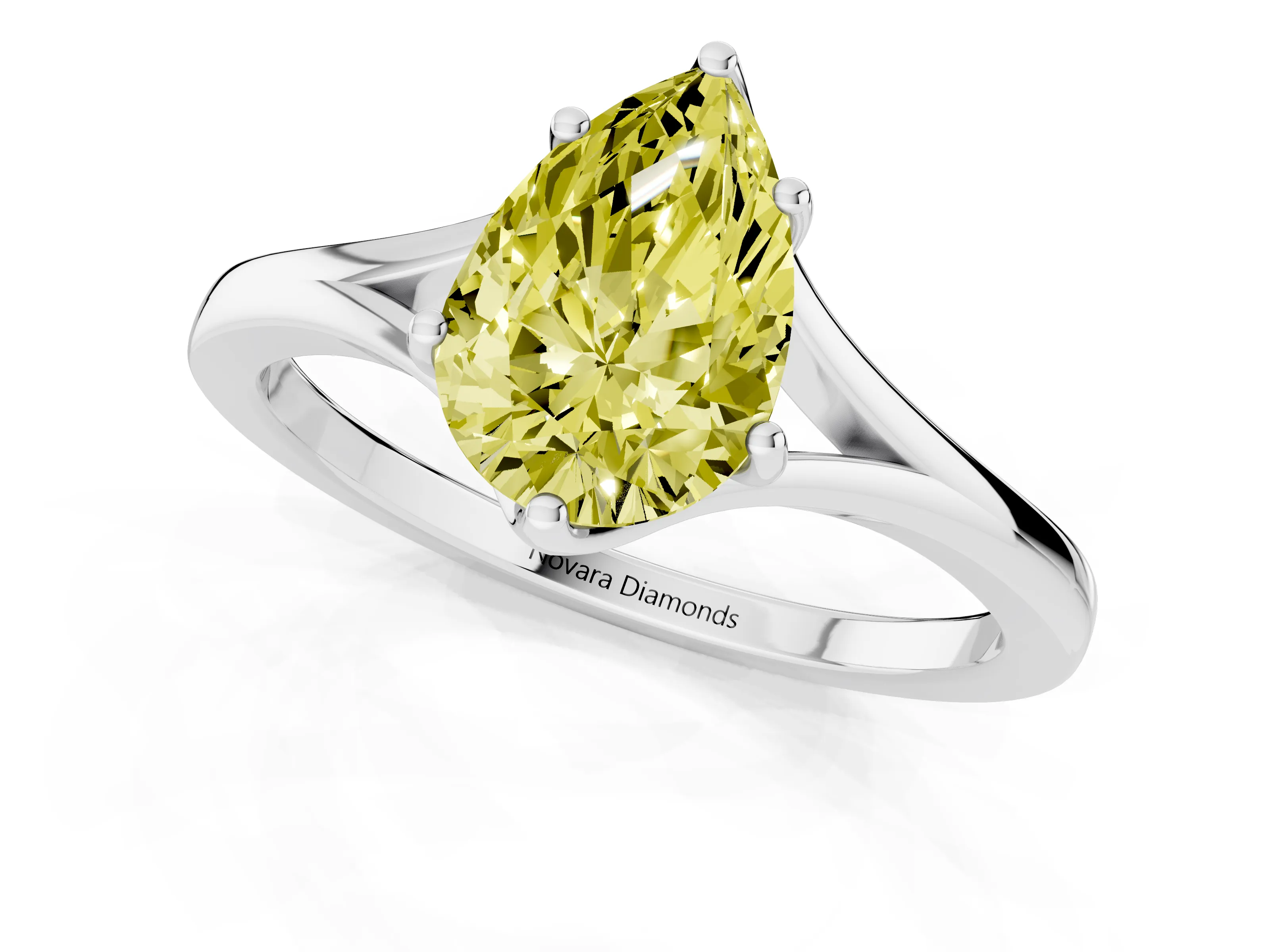 Fancy Yellow Pear Cut Diamond Solitaire Ring Set in Silver with Polished Tapered Band and Prong Setting