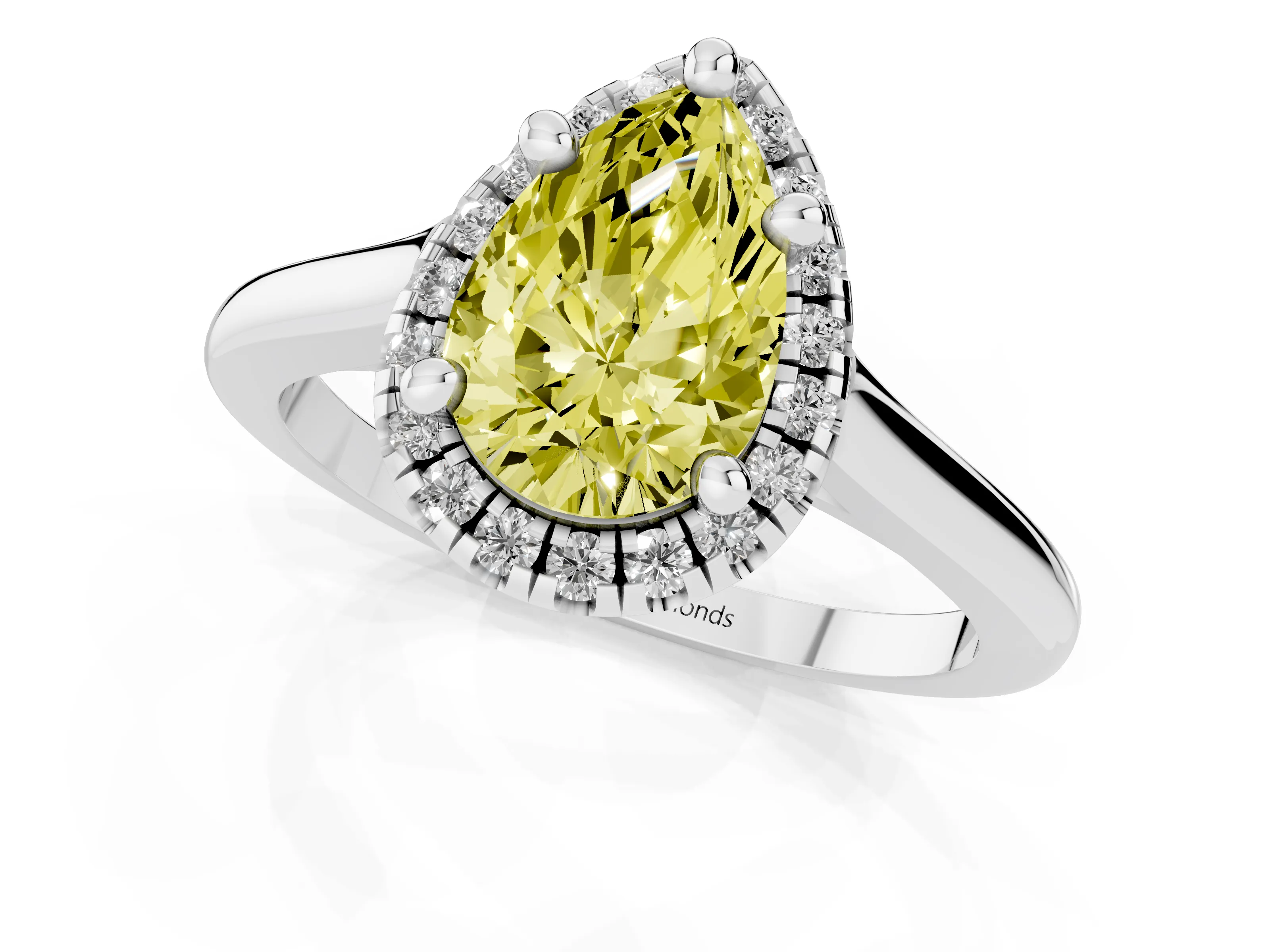 Fancy Yellow Pear Cut Diamond Halo Engagement Ring Set in White gold with Pavé Band and Rising Shoulders