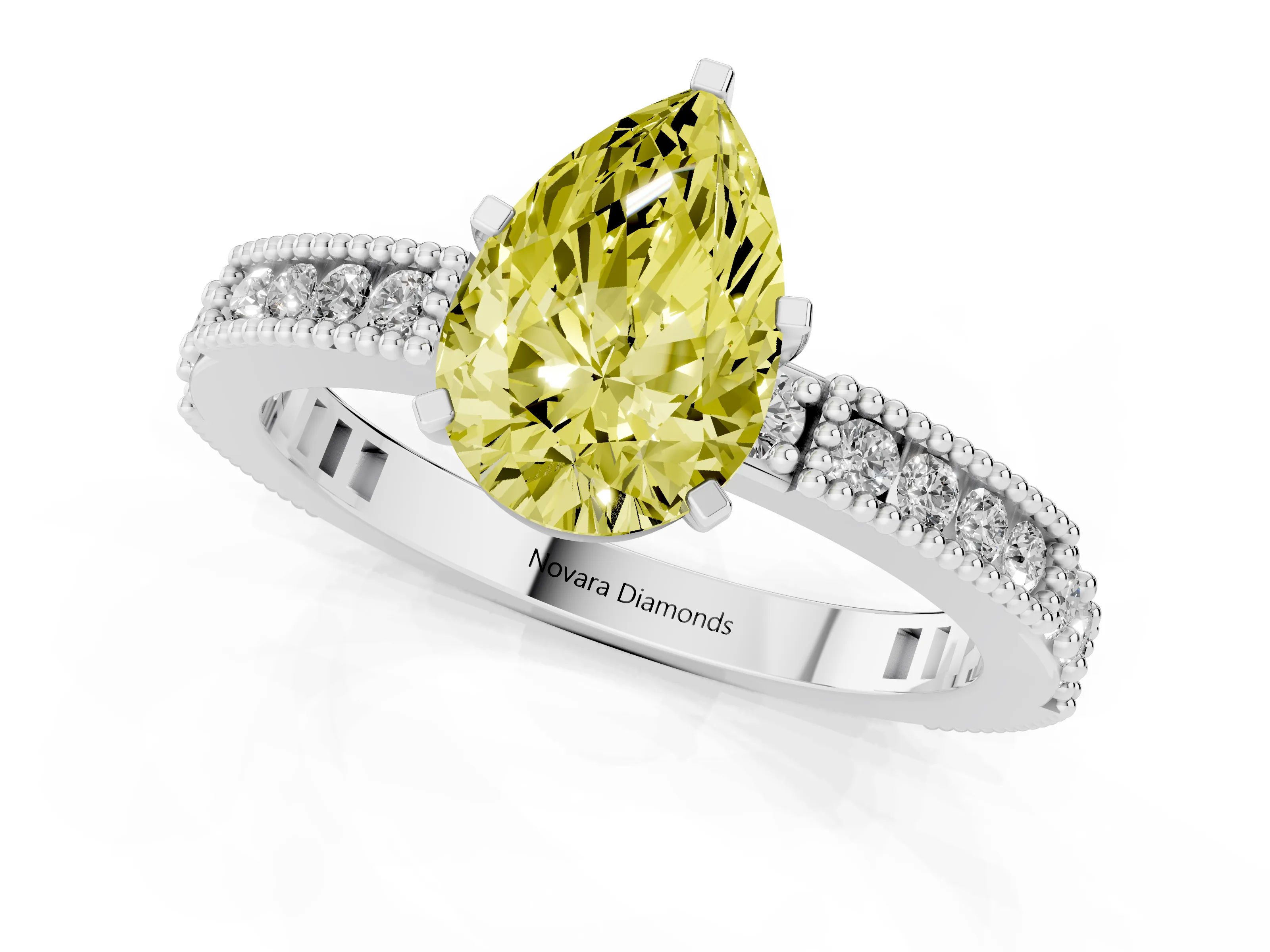 Fancy Yellow Pear Cut Diamond Solitaire Ring Set in Silver with Slim Pavé Band and Prong Setting