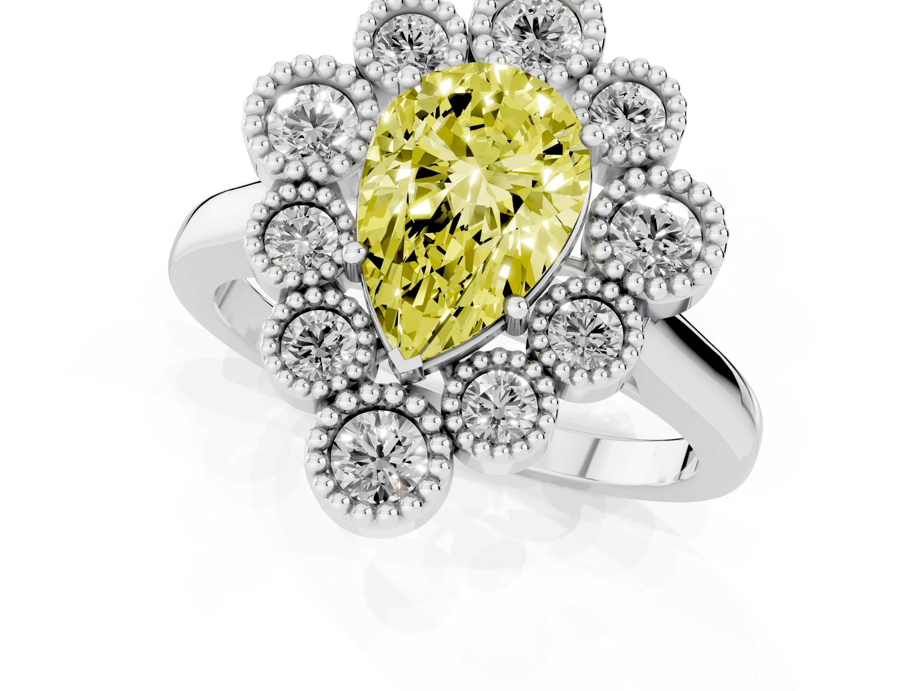 Fancy Yellow Pear Cut Diamond Cluster Halo Ring Set in White gold with Milgrain Bezel Accents and Plain Band