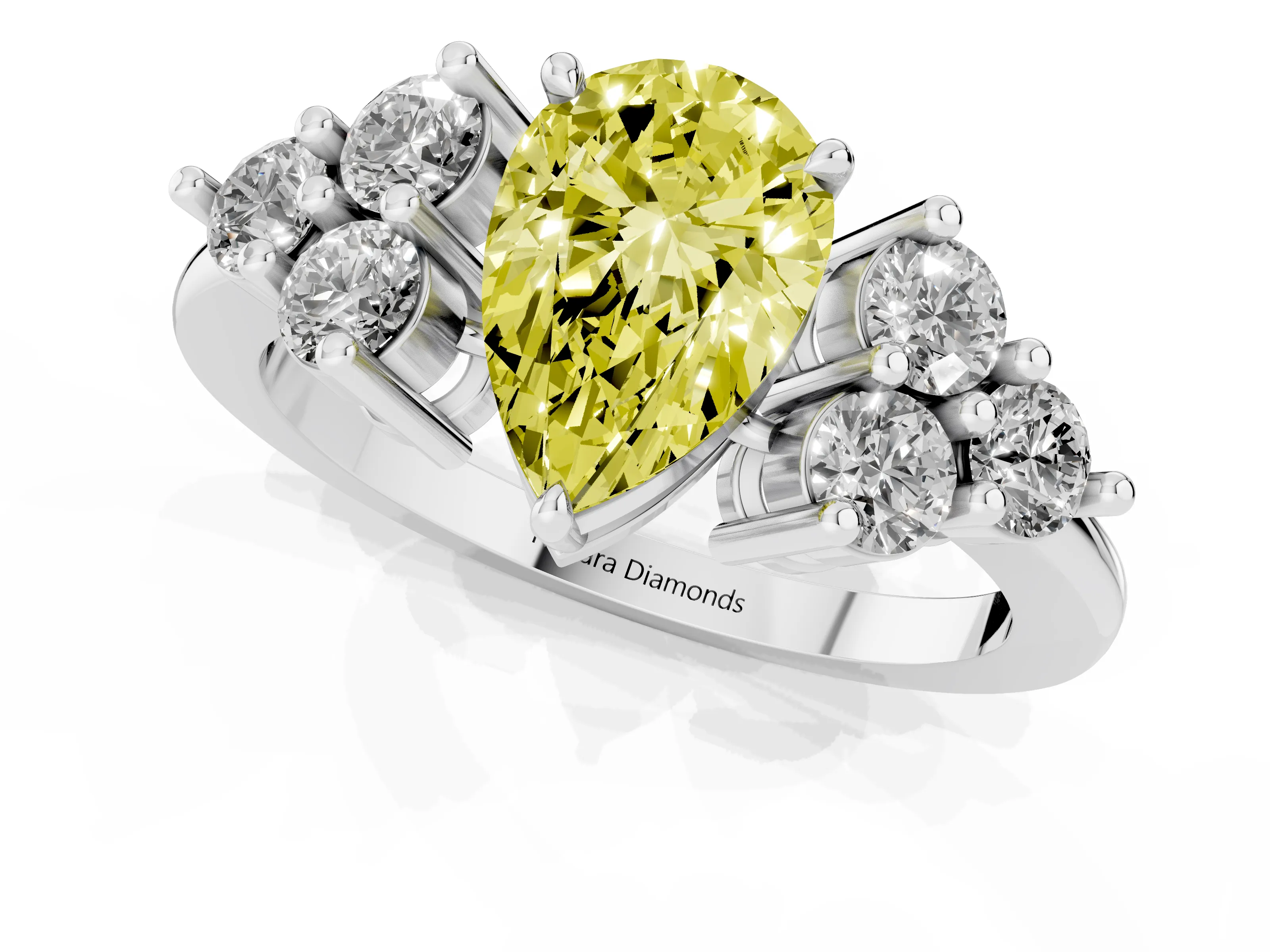 Fancy Yellow Pear Cut Diamond Solitaire Ring Set in Silver with Cluster Accents on Each Side