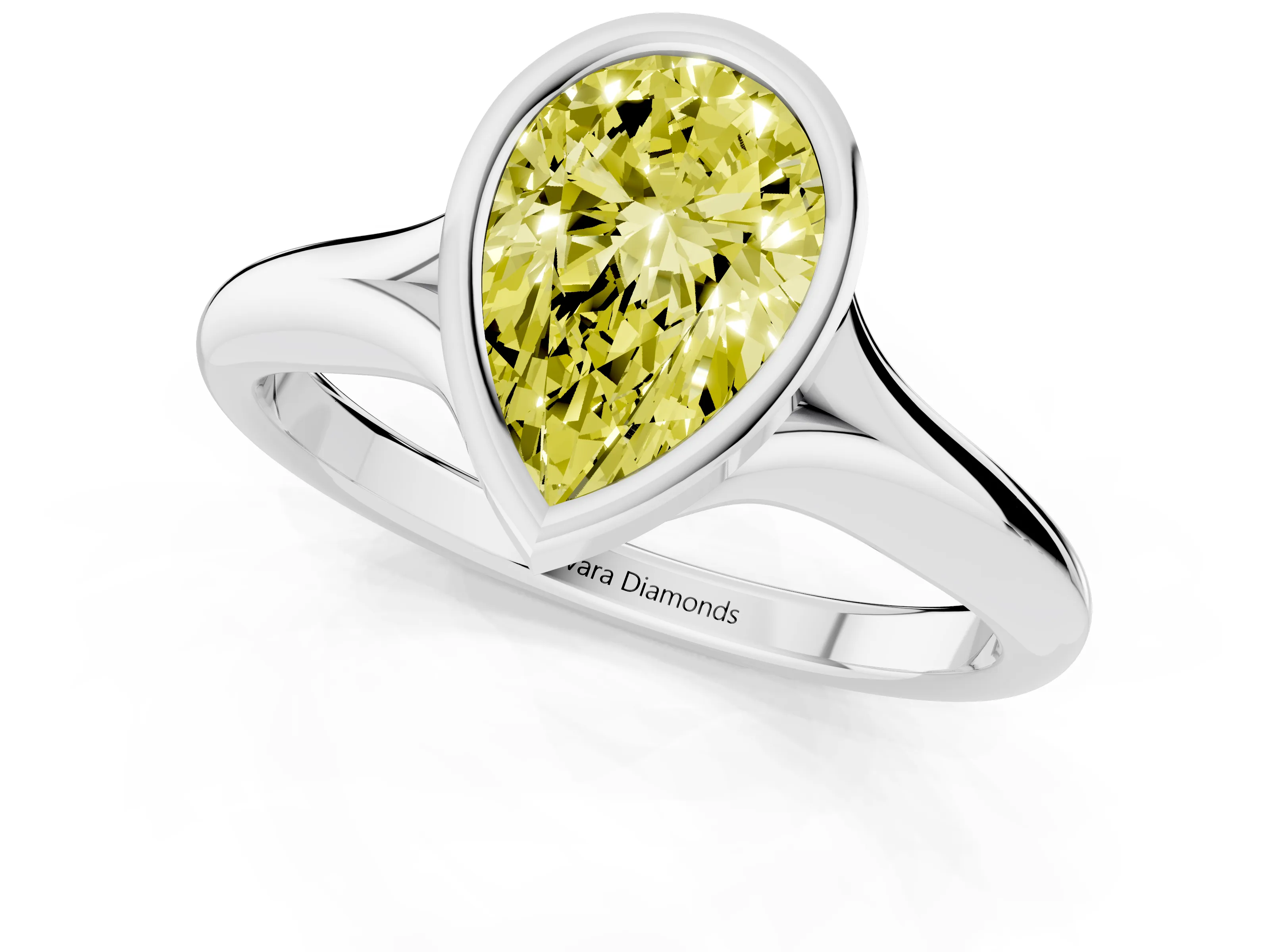 Fancy Yellow Bezel Set Pear Cut Diamond Solitaire Ring Set in Platinum with Smooth Band
