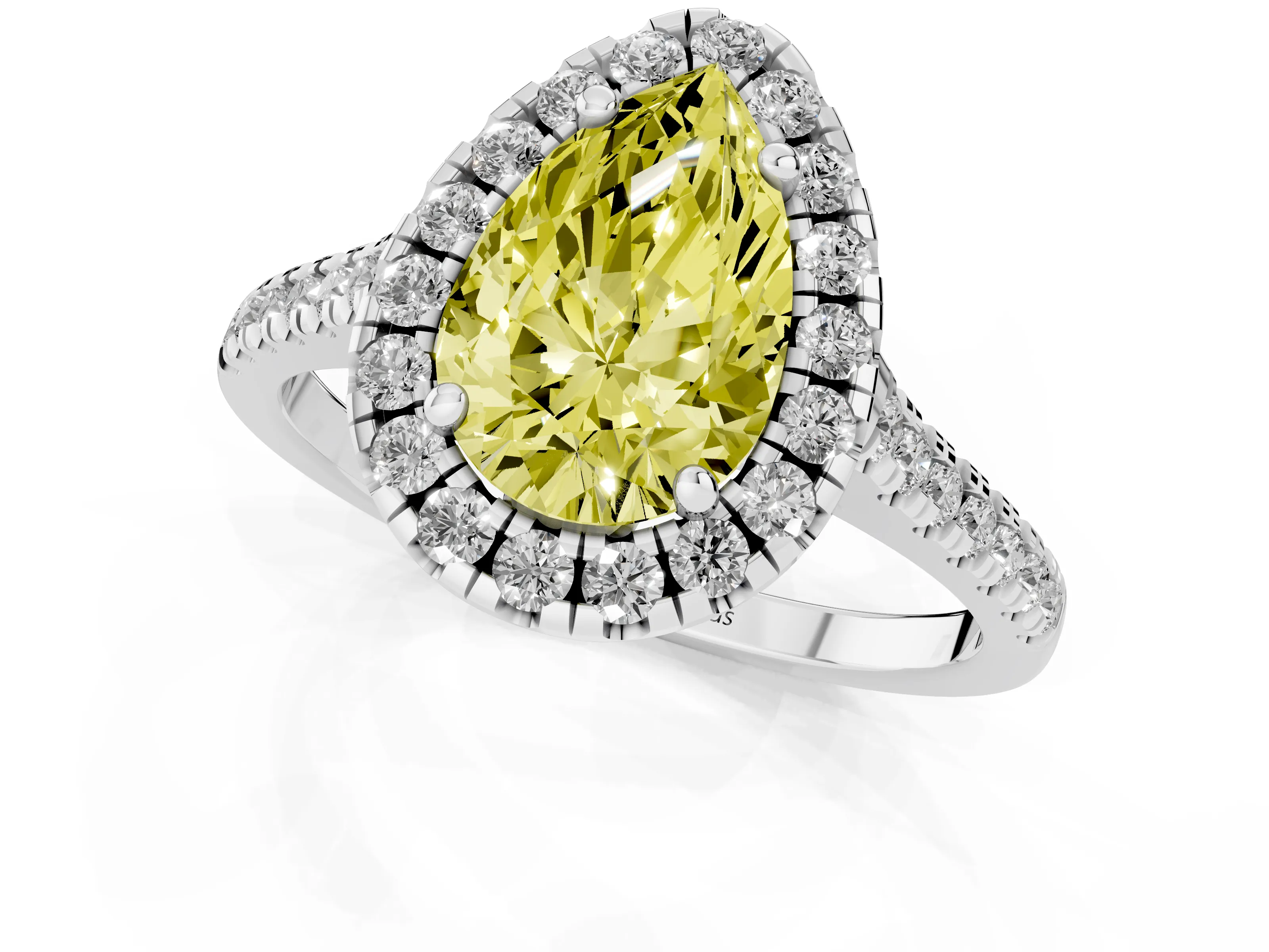 Fancy Yellow Pear Cut Diamond Cushion Halo Ring Set in White gold with Pavé Band
